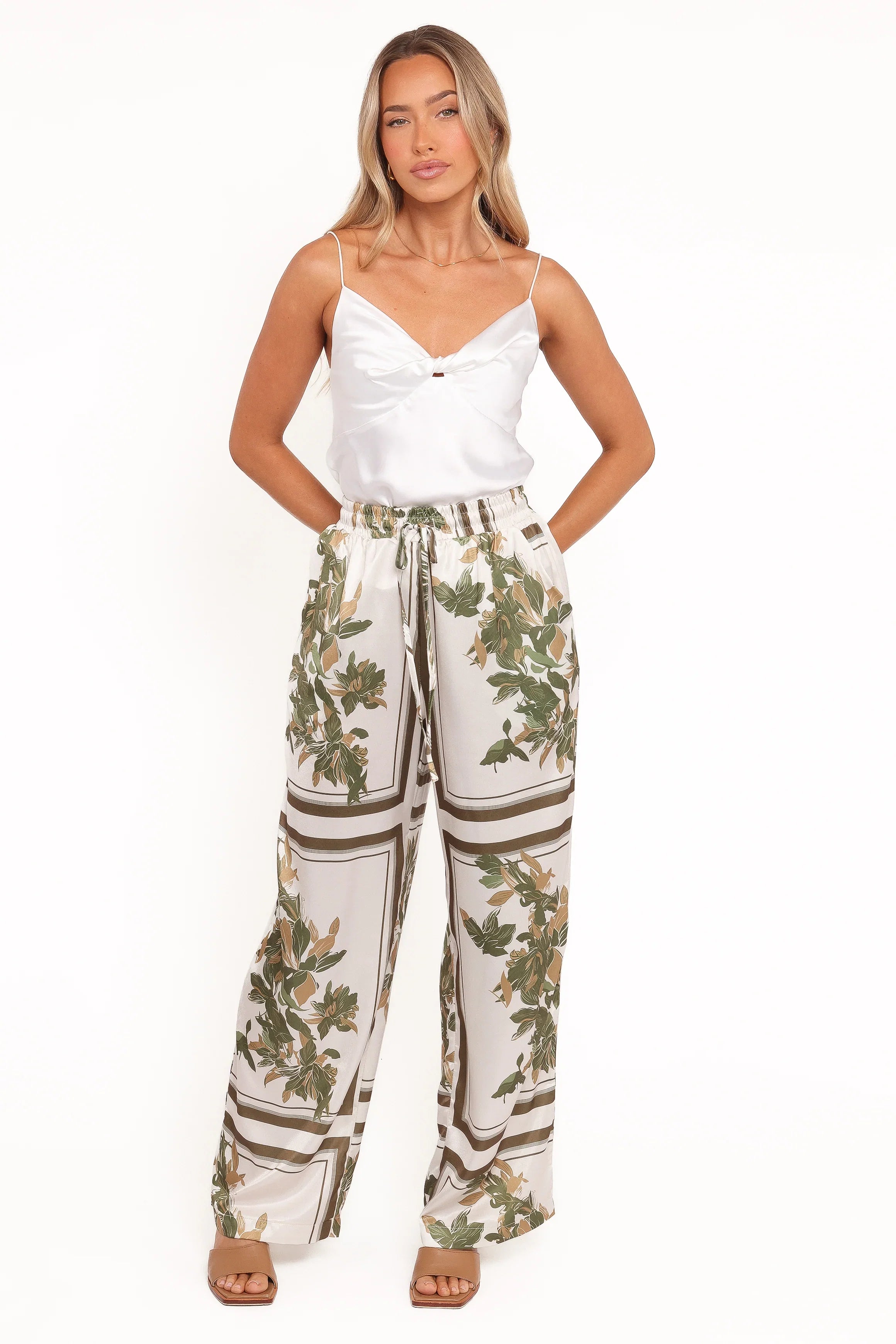Lara Wide Leg Pants Olive Print