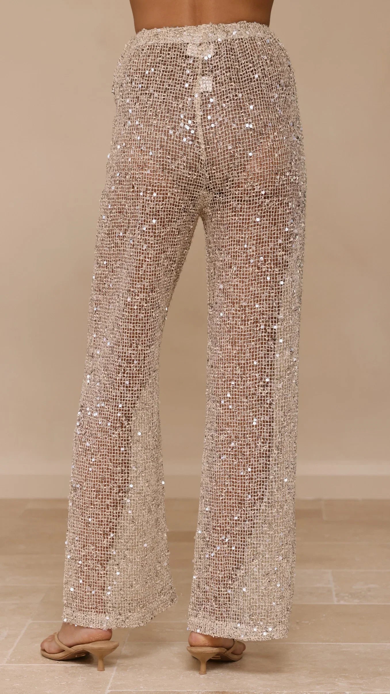 Zarina Sequin Long Line Top and Pants Set Beige