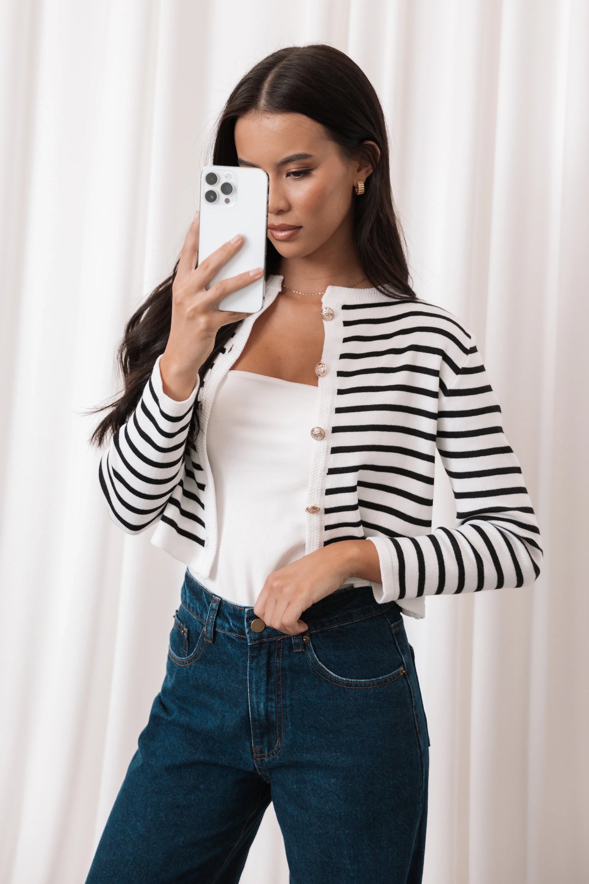 Cynthia Striped Button Front Cardigan Black Cream