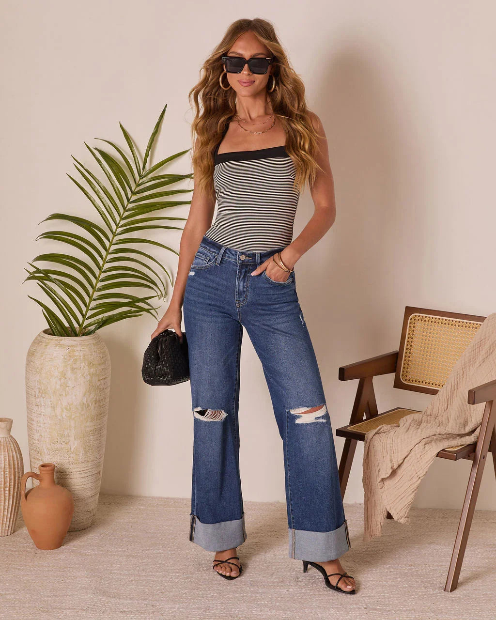 Jaidan Stretch High Rise Wide Leg Distressed Cuffed Jeans