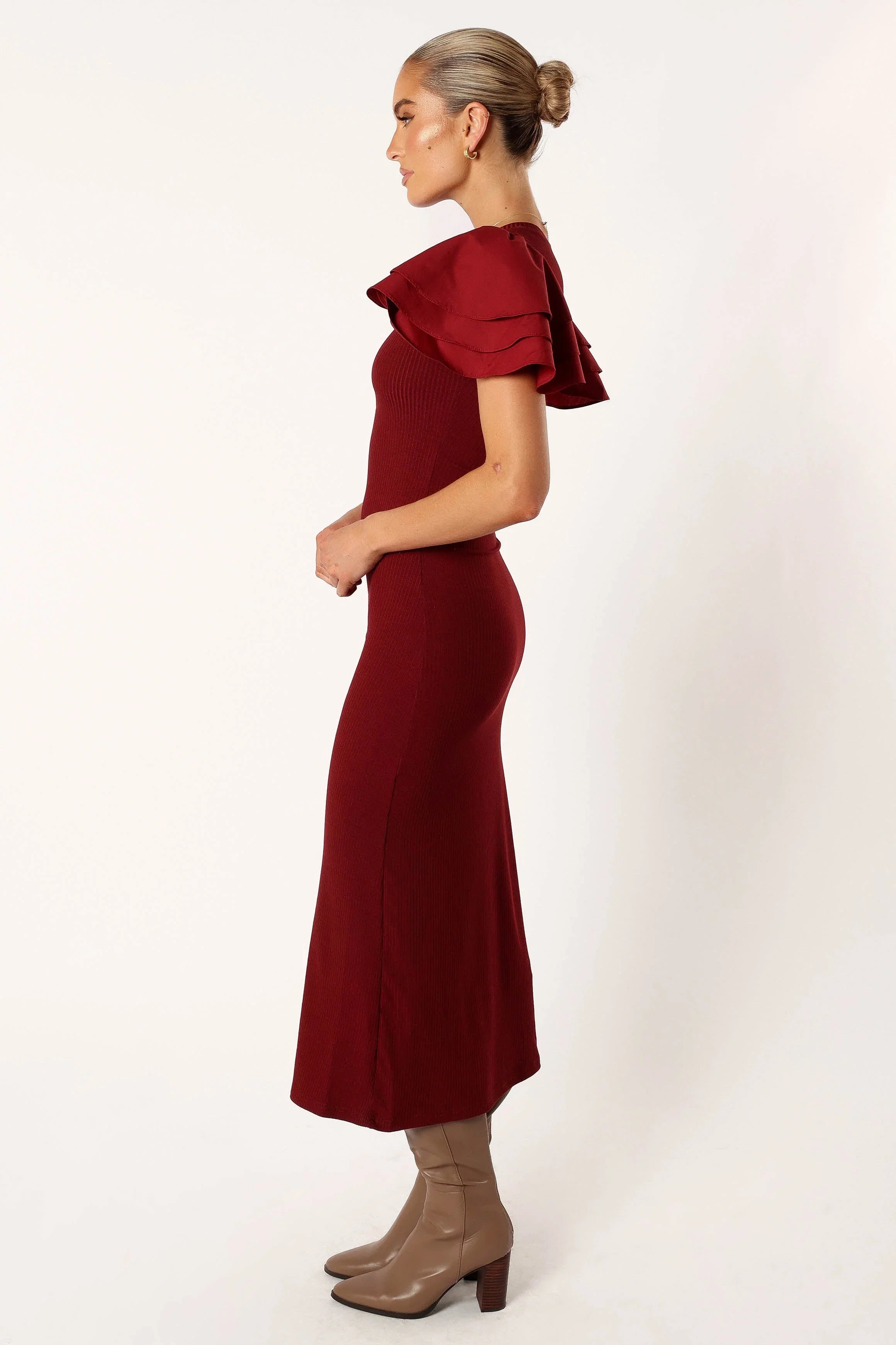 Cally Ruffle Sleeve Midi Dress Wine