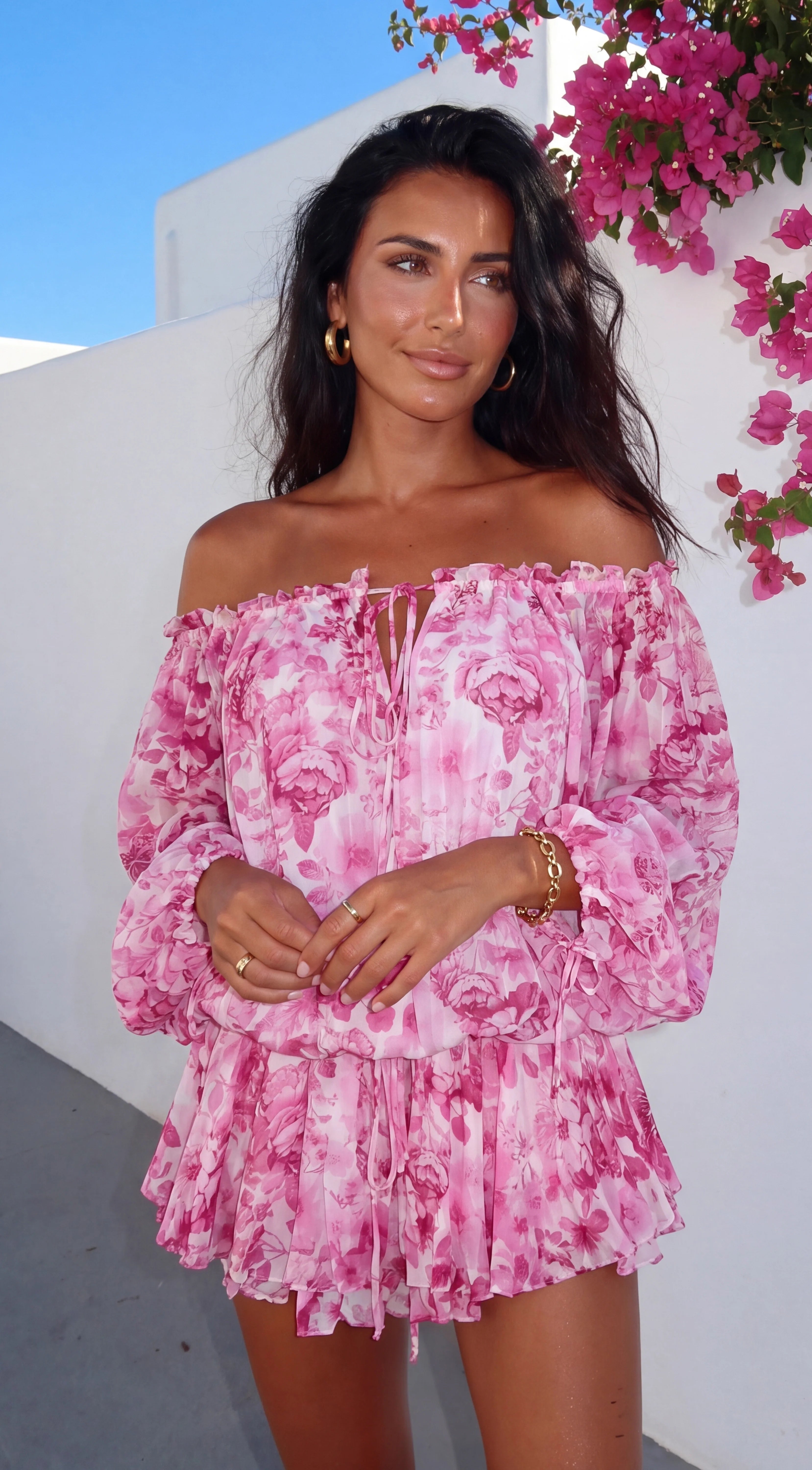 Romanella Peony Floral Off Shoulder Mini Dress Pink