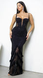 Orlisse Rhinestone Feather Maxi Dress Black