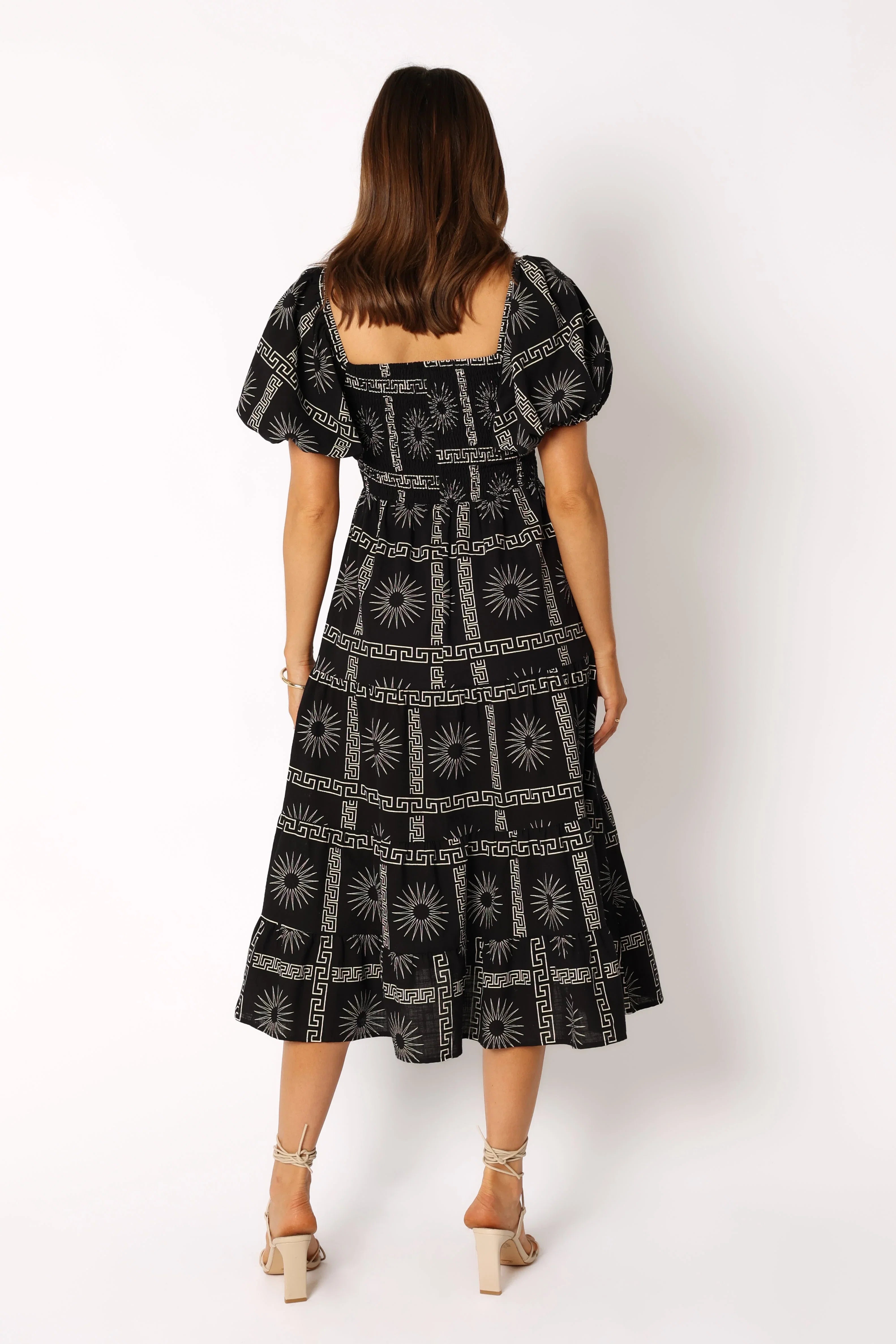 Soliel Puff Sleeve Midi Dress Black Tan