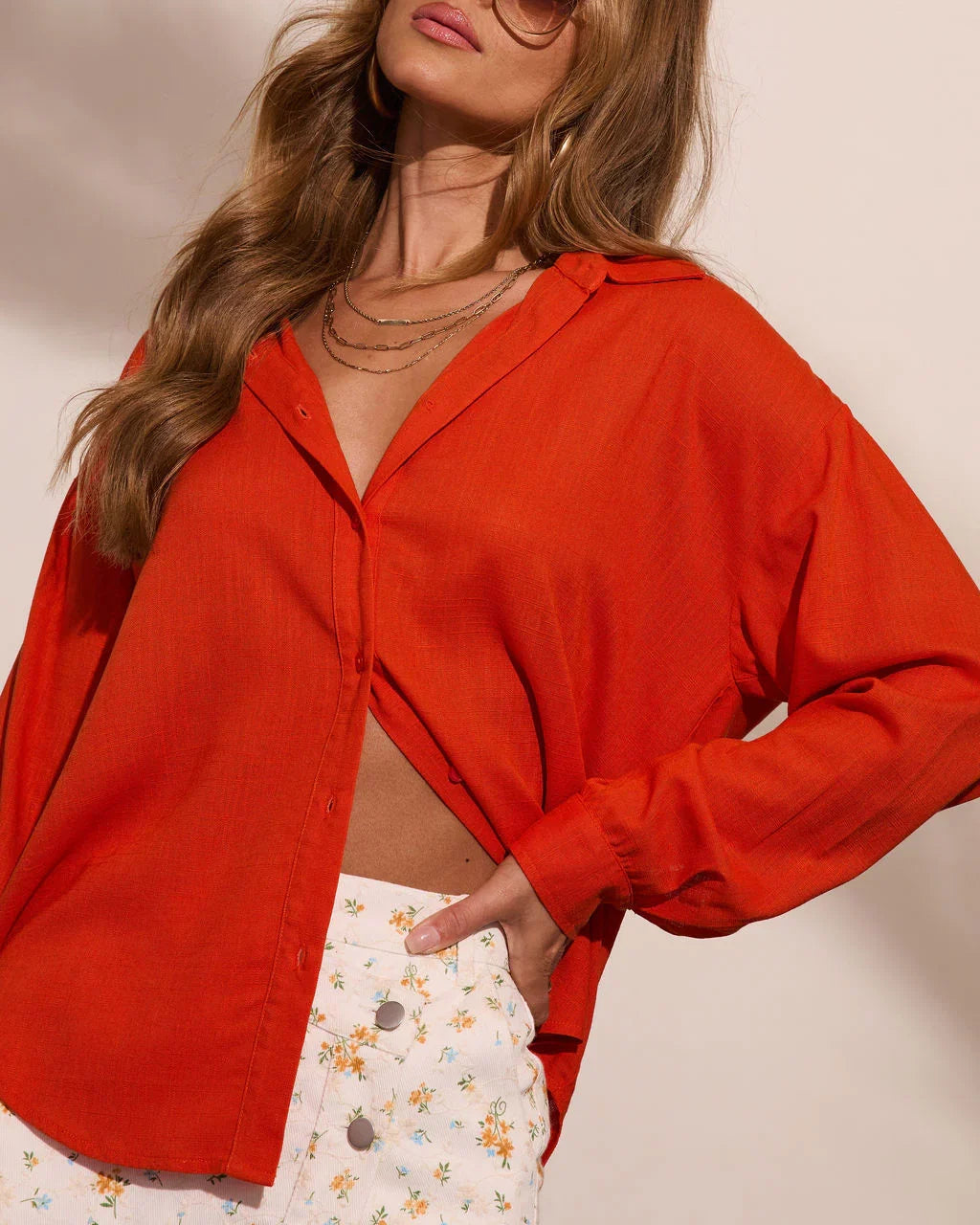 Estellah Linen Blend Button Down Top