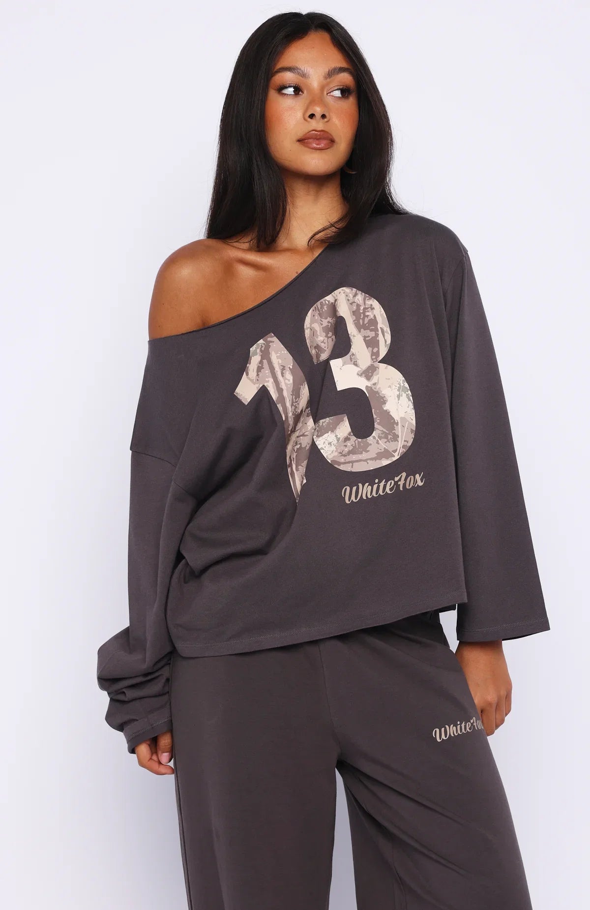All A Dream Off Shoulder Oversized Long Sleeve Tee Charcoal