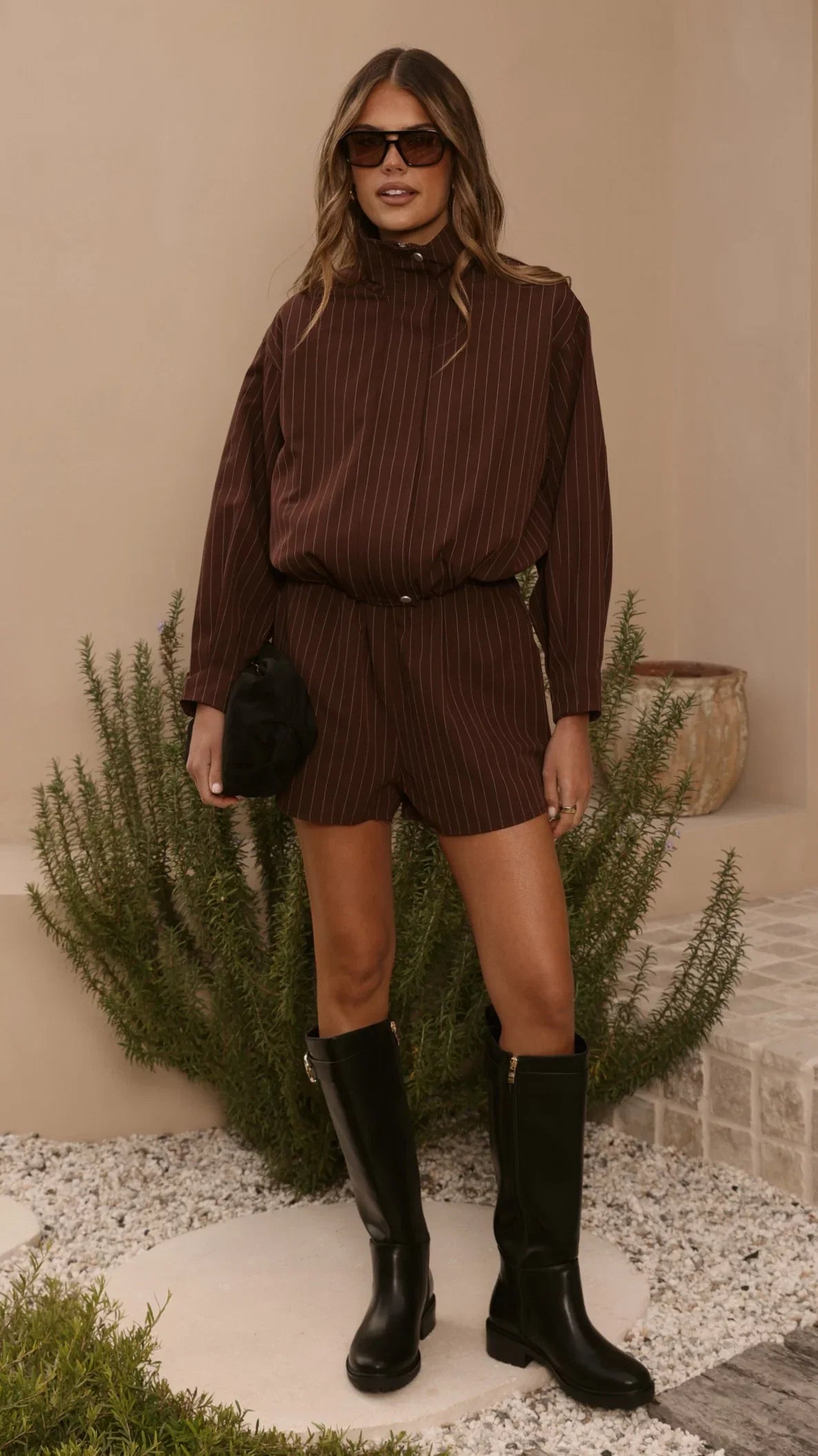 Ivana Funnel Neck Jacket Shorts Set Brown Pinstripe