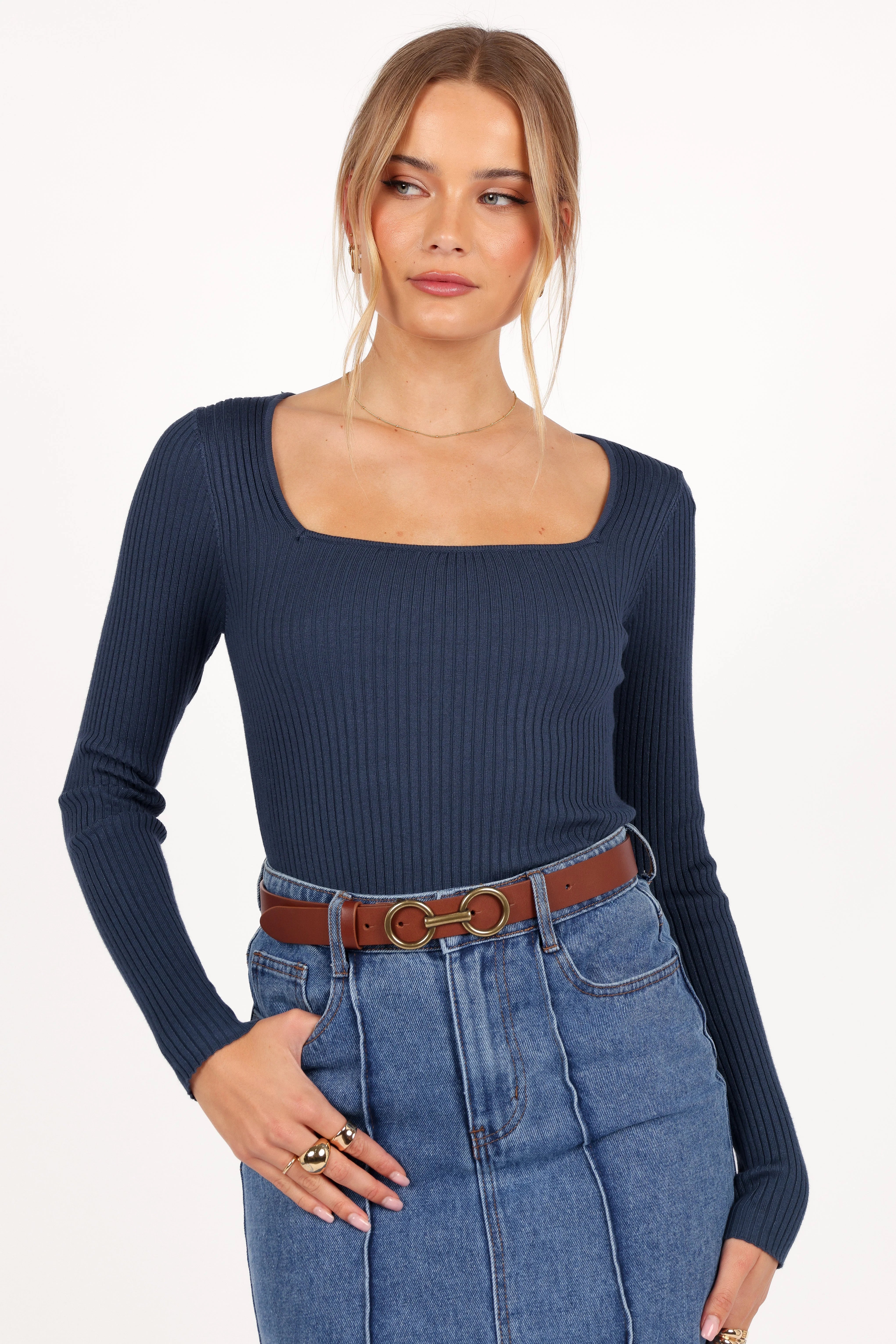 Shani Ribbed Knit Top Dusty Blue