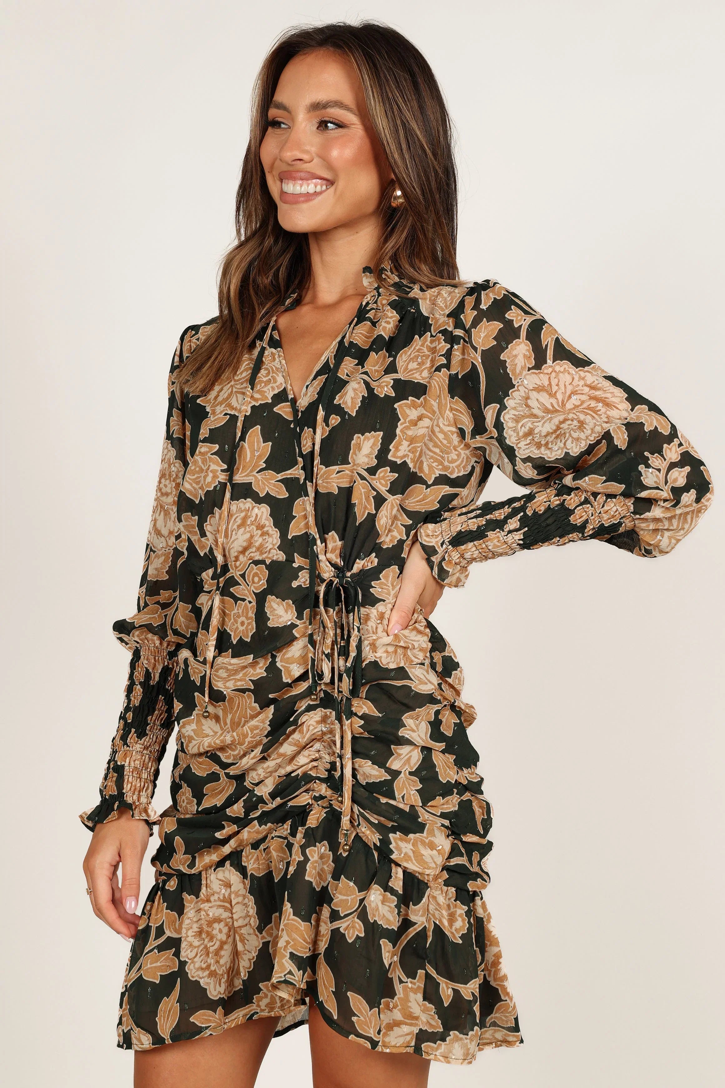 Micha Ruched High Neck Mini Dress Pine Gold