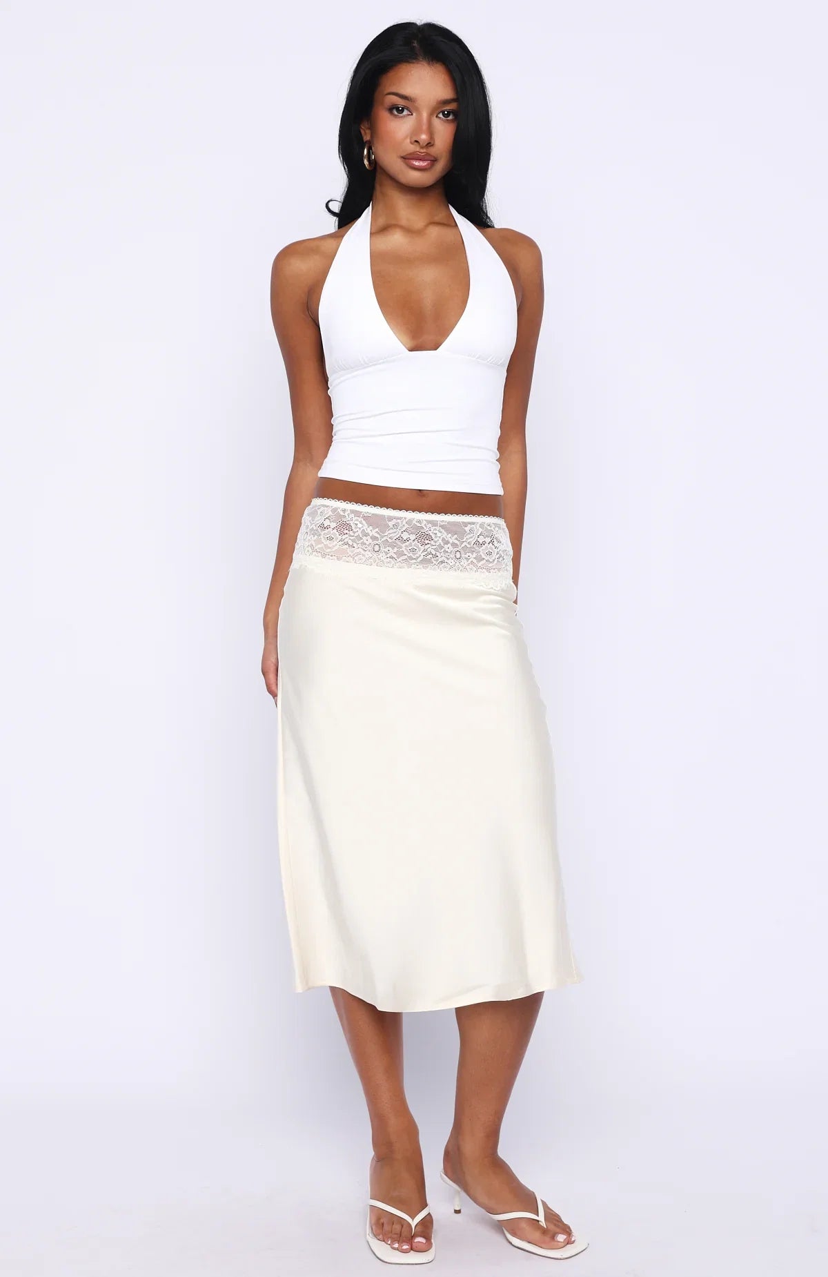 For A Long Time Lace Trim Midi Skirt Cream