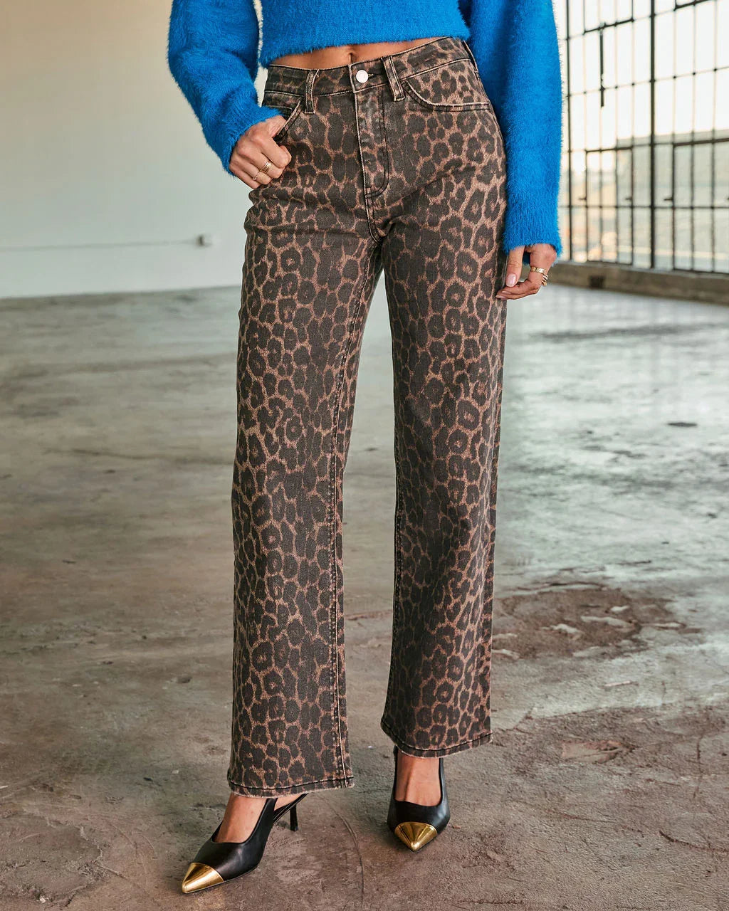 Yaron Stretch High Rise Straight Leg Leopard Print Jeans