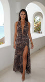 Nocturne Leopard Print Halter Maxi Dress Brown Multi