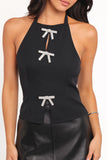 Velma Halter Neck Top With Embellished Bows Black