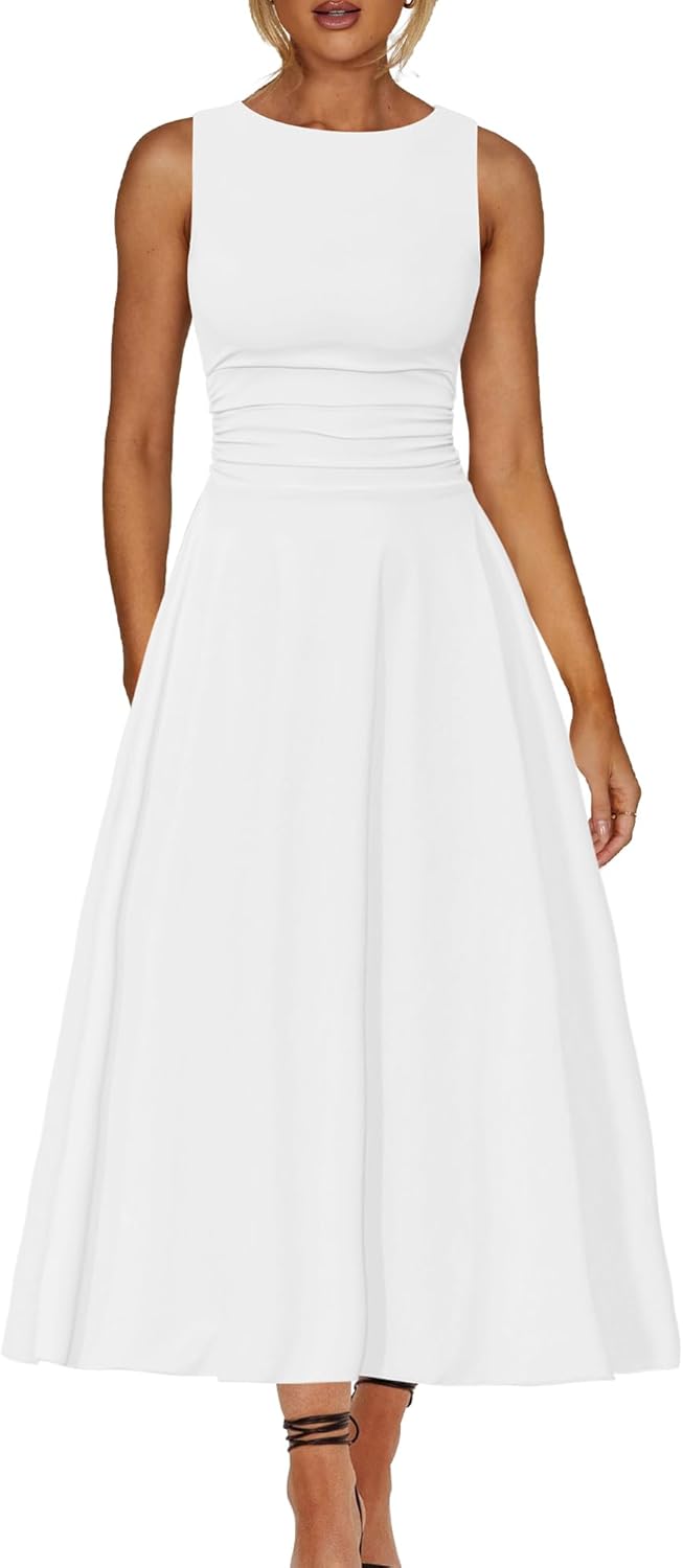 Boat Neck Sleeveless A Line Maxi Dress Ruffle Flowy Casual Long Dresses