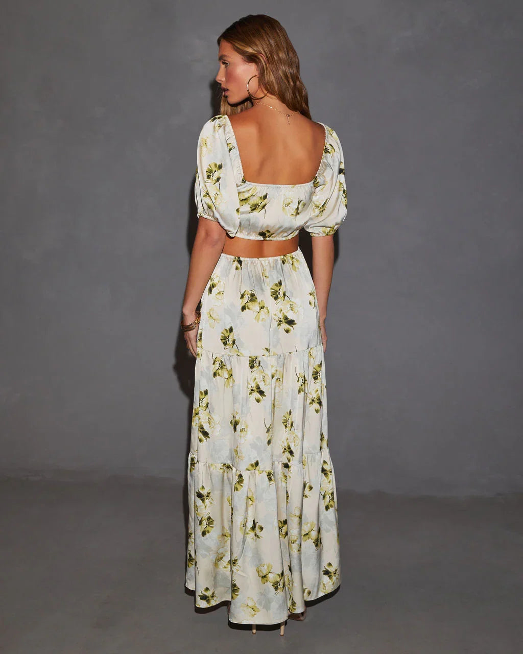 Cambria Satin Floral Puff Sleeve Maxi Dress