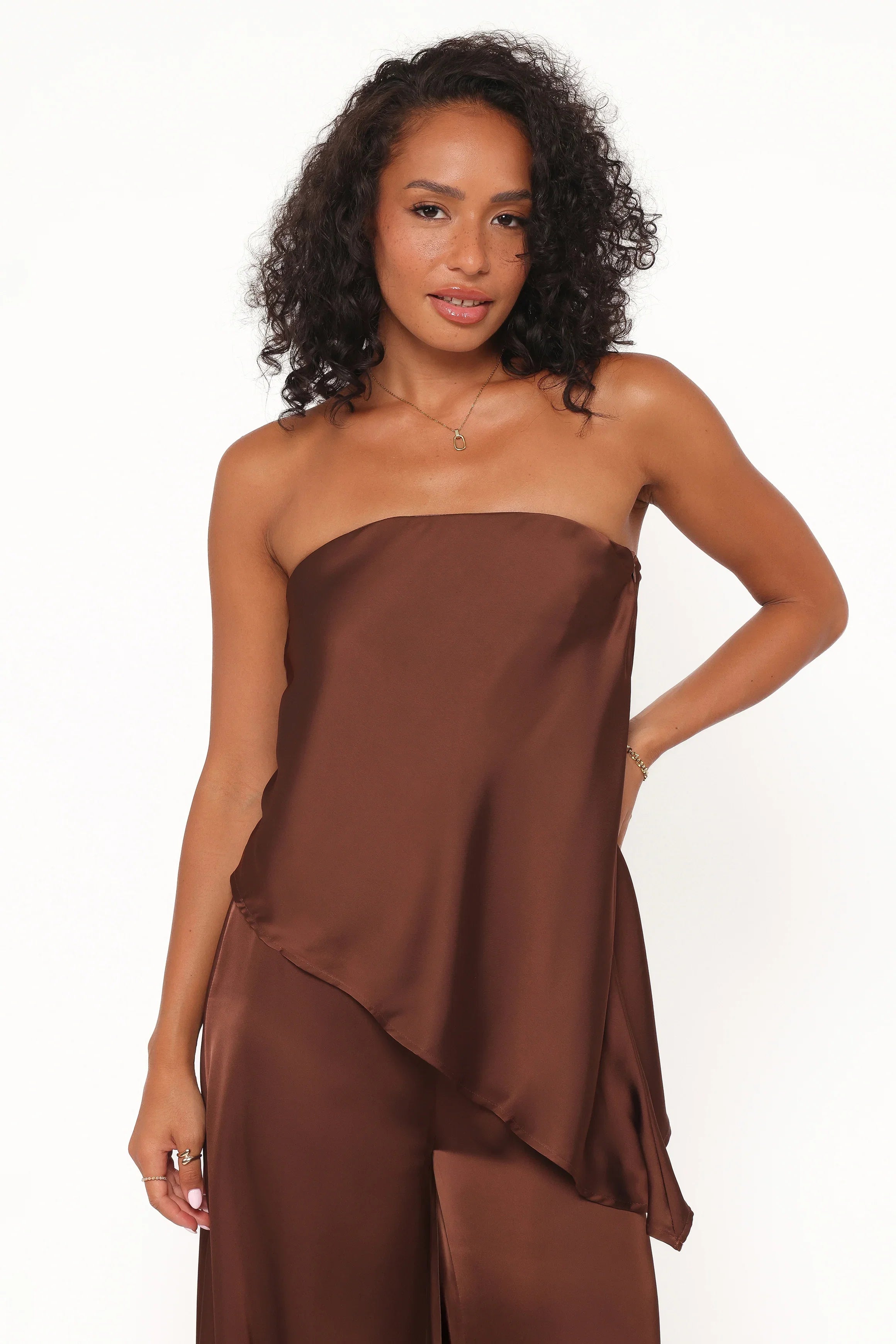 Charmer Asymmetrical Longline Strapless Top Dark Brown