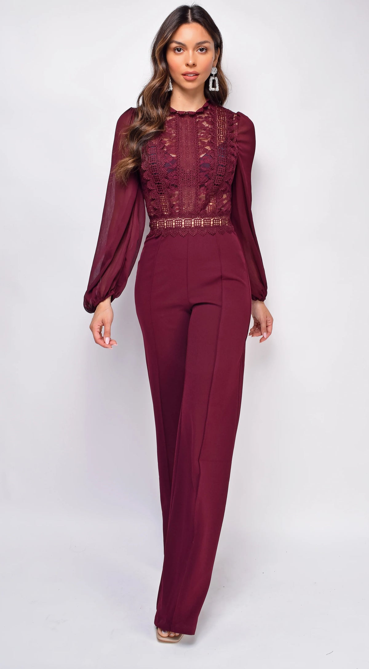 Nerine Crochet Lace Mesh Jumpsuit Burgundy Red