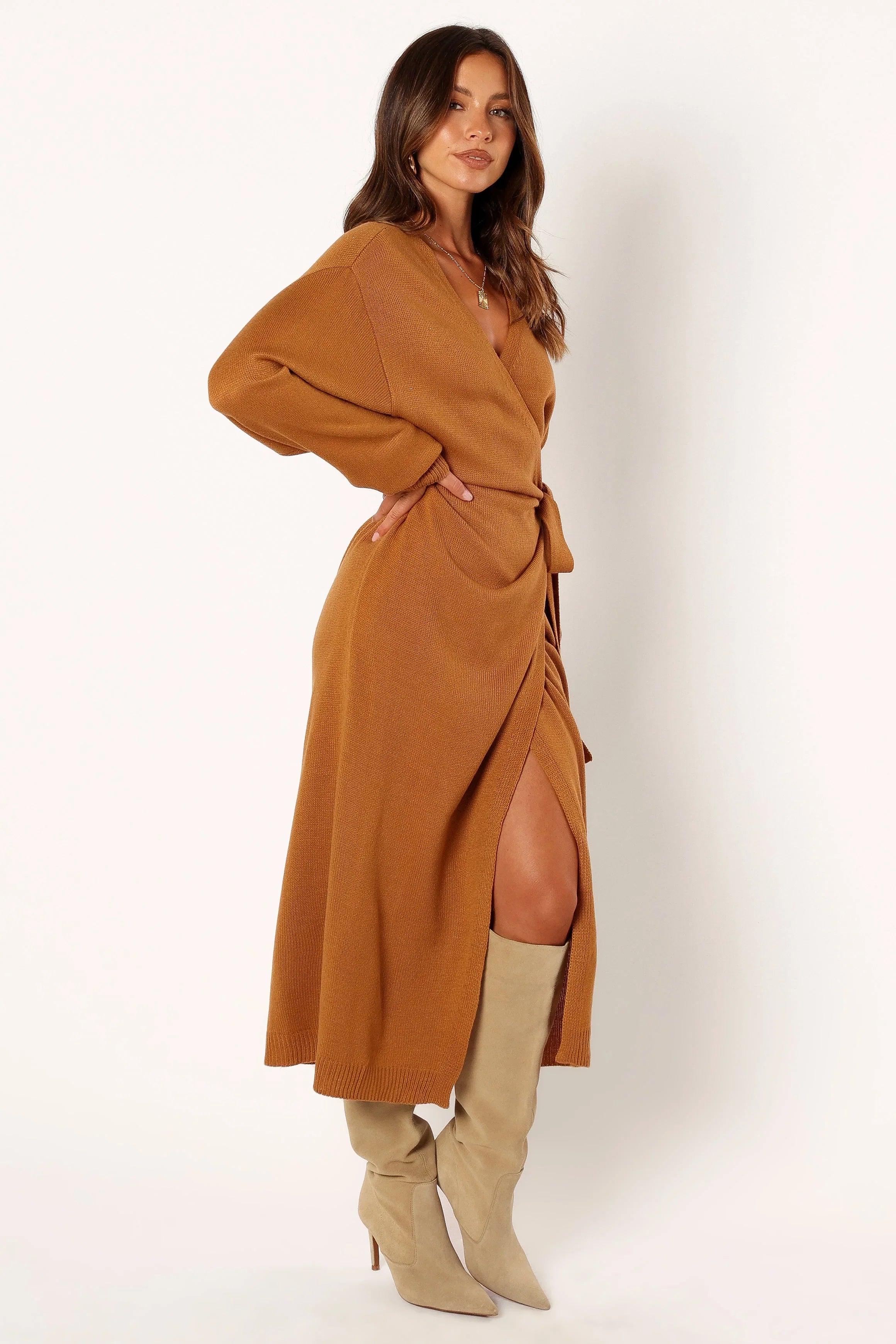 Nova Wrap Knit Midi Dress Camel