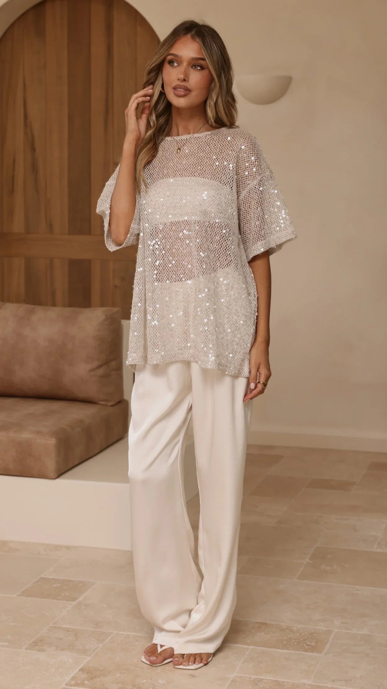 Varni Oversized Sequins Tee Beige