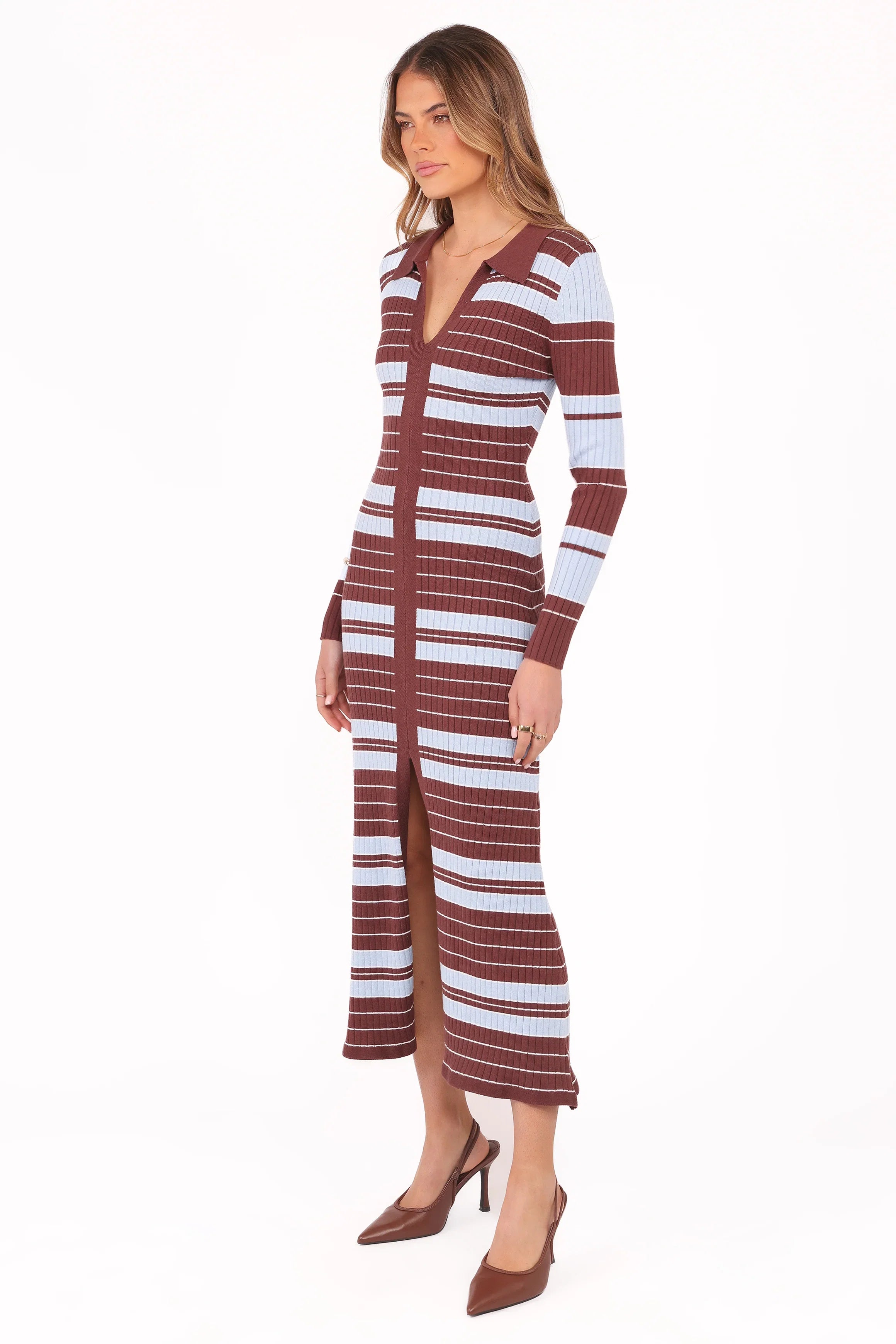 Eliana Long Sleeve Midi Dress Brown Blue Stripe