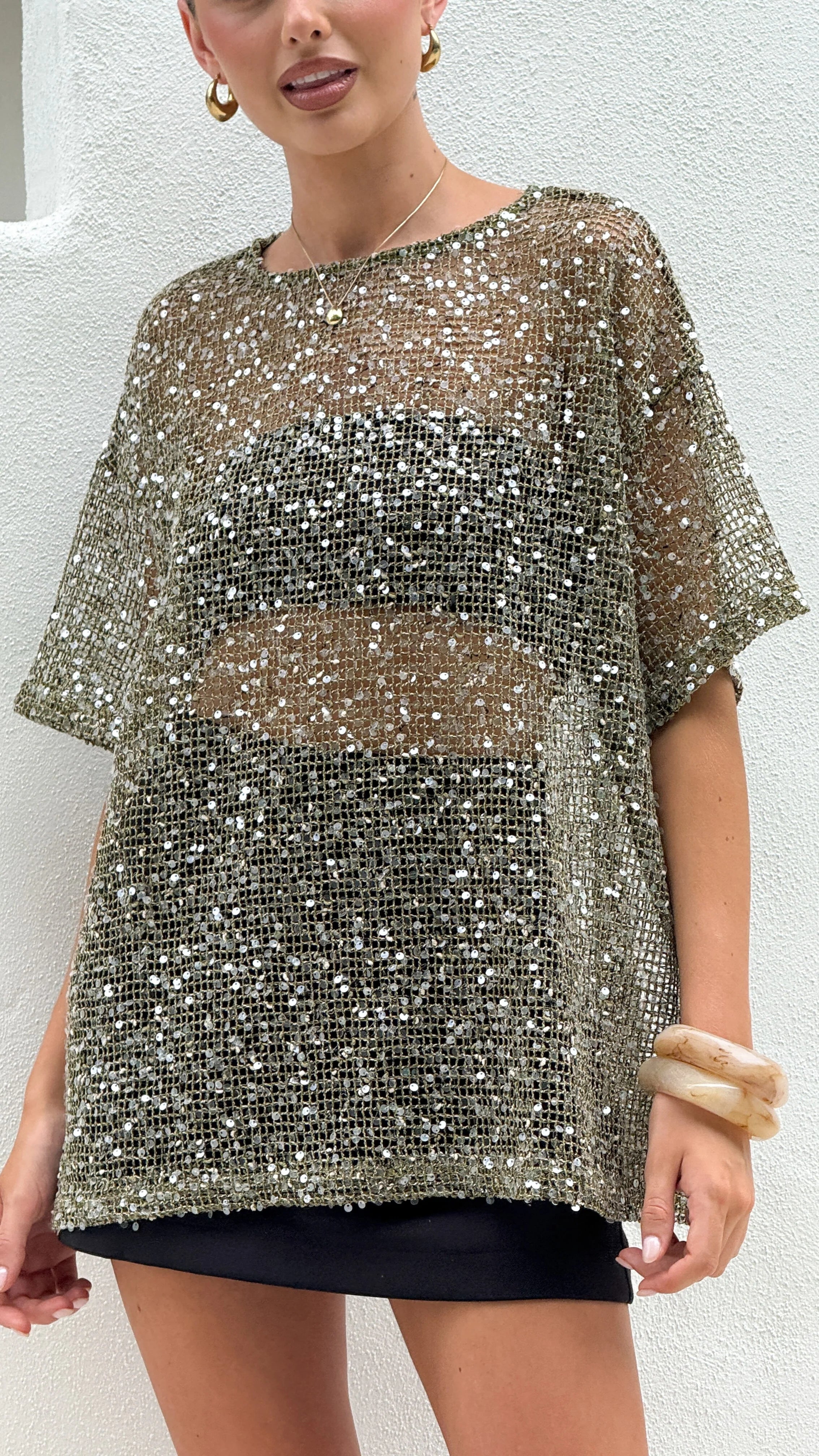 Zinnia Oversized Sequins Tee Khaki