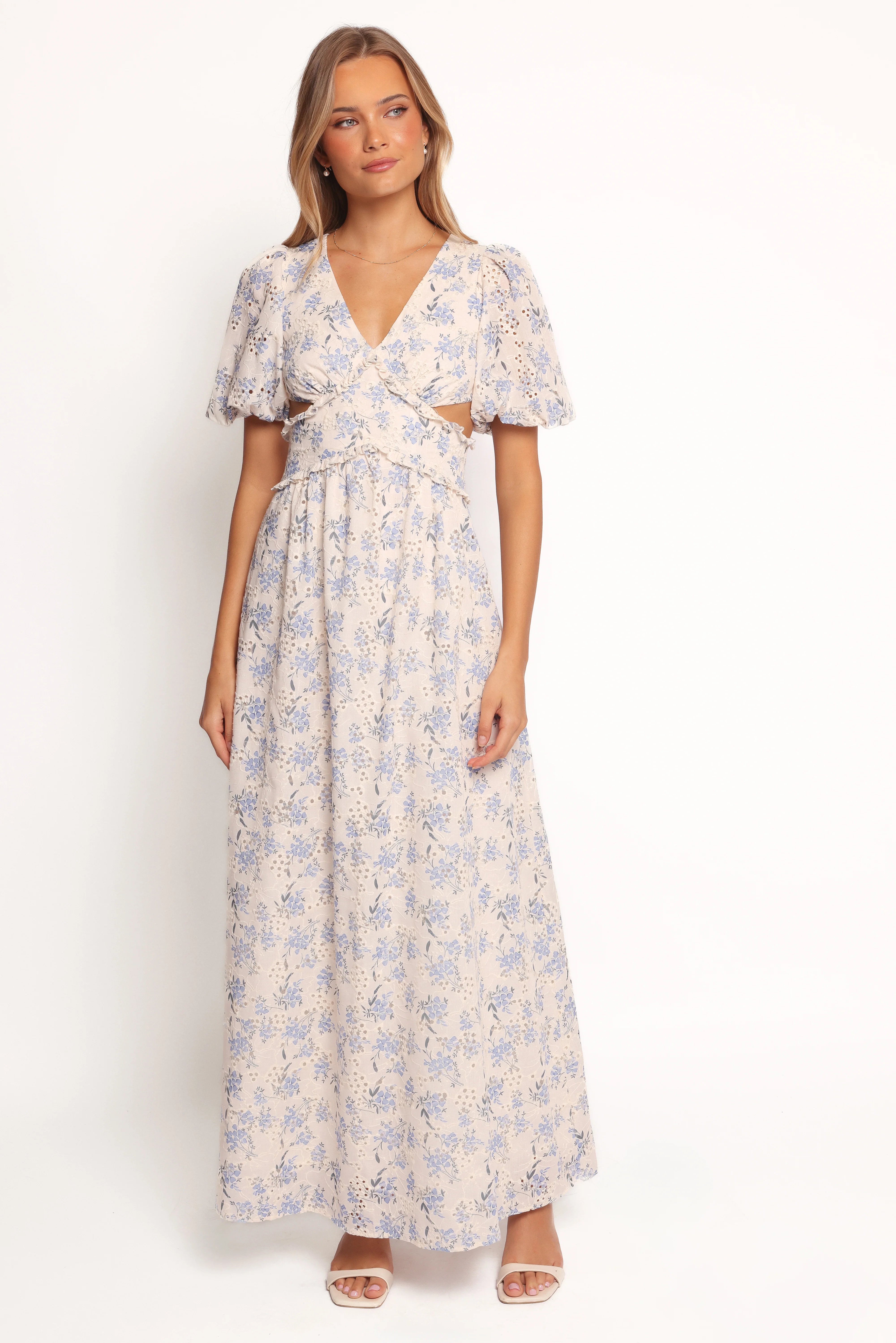 Jemima Puff Shoulder Maxi Dress Blue Floral