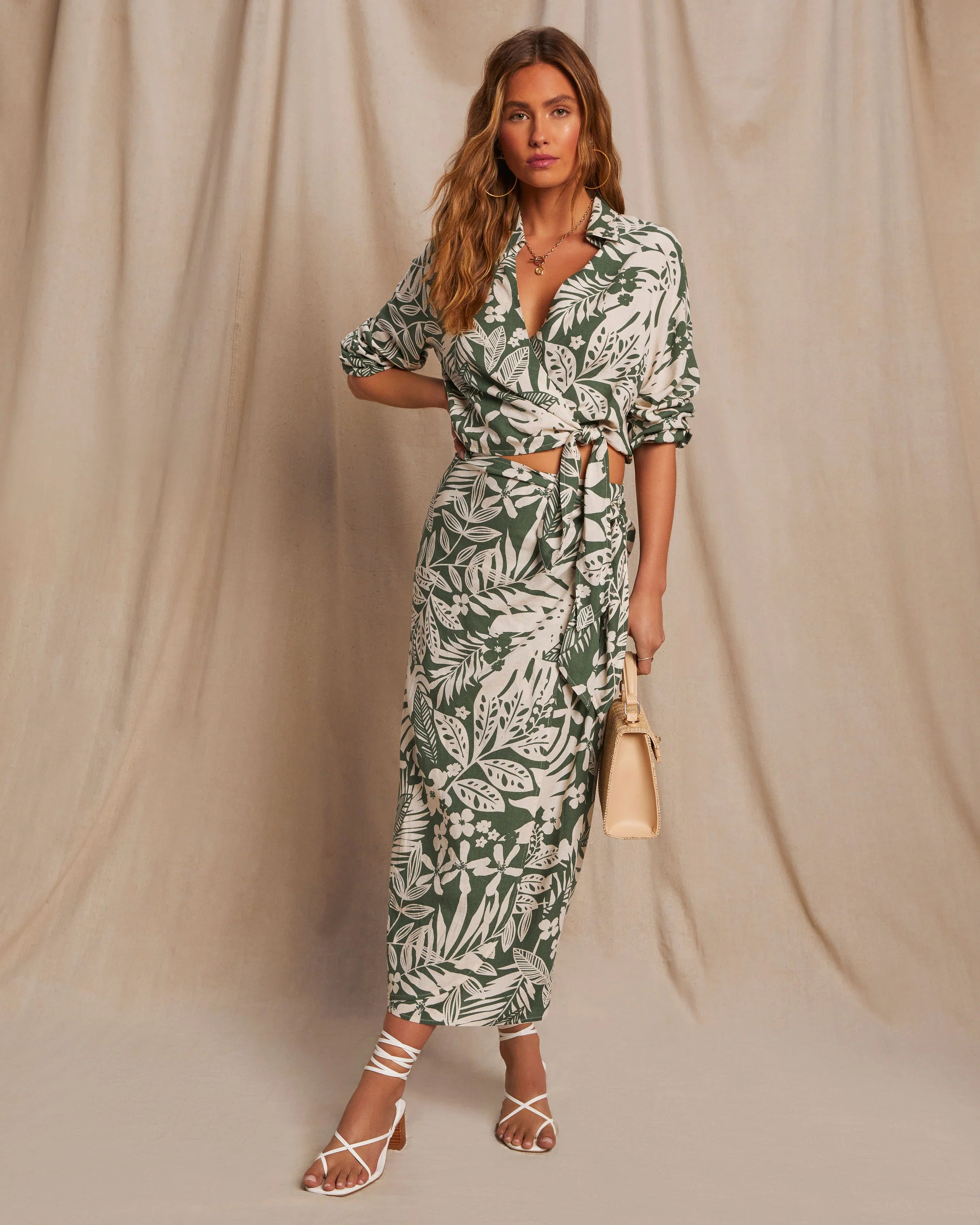 Kaanapali Linen Blend Tropical Print Wrap Midi Skirt