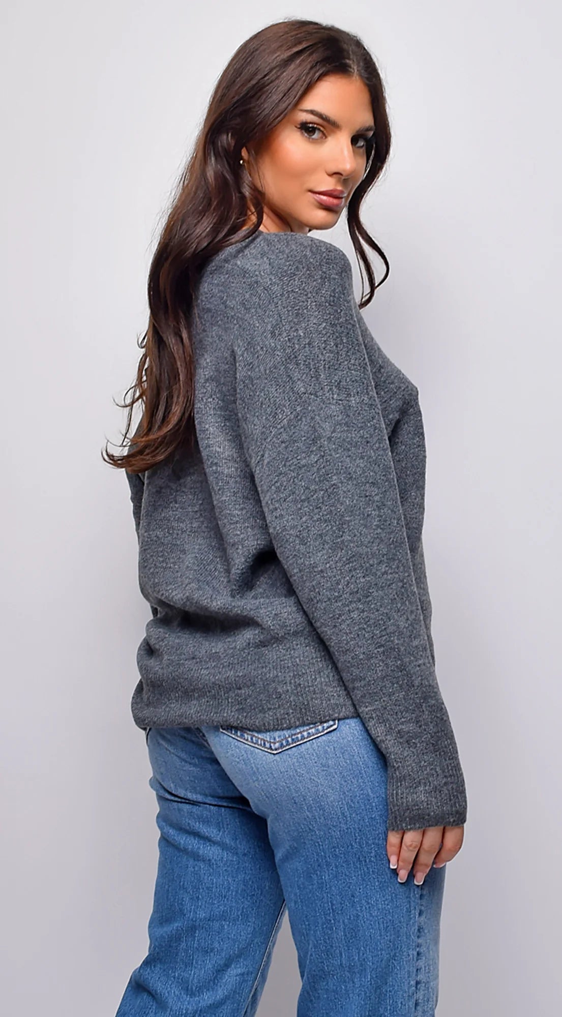 Remy V Neck Drop Shoulder Sweater Top Gray