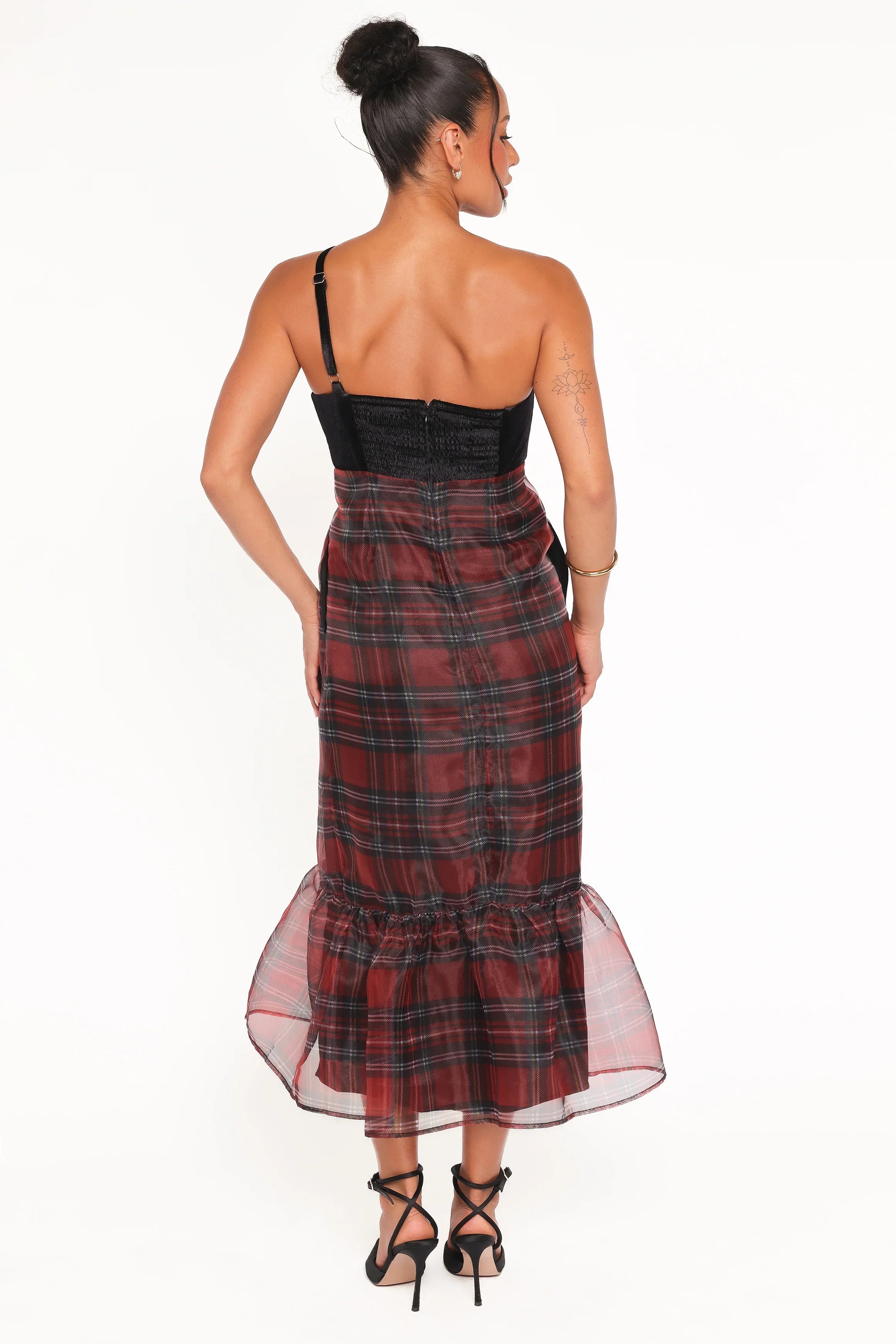 Amelie Bow Front One Shoulder Midi Dress Red Plaid