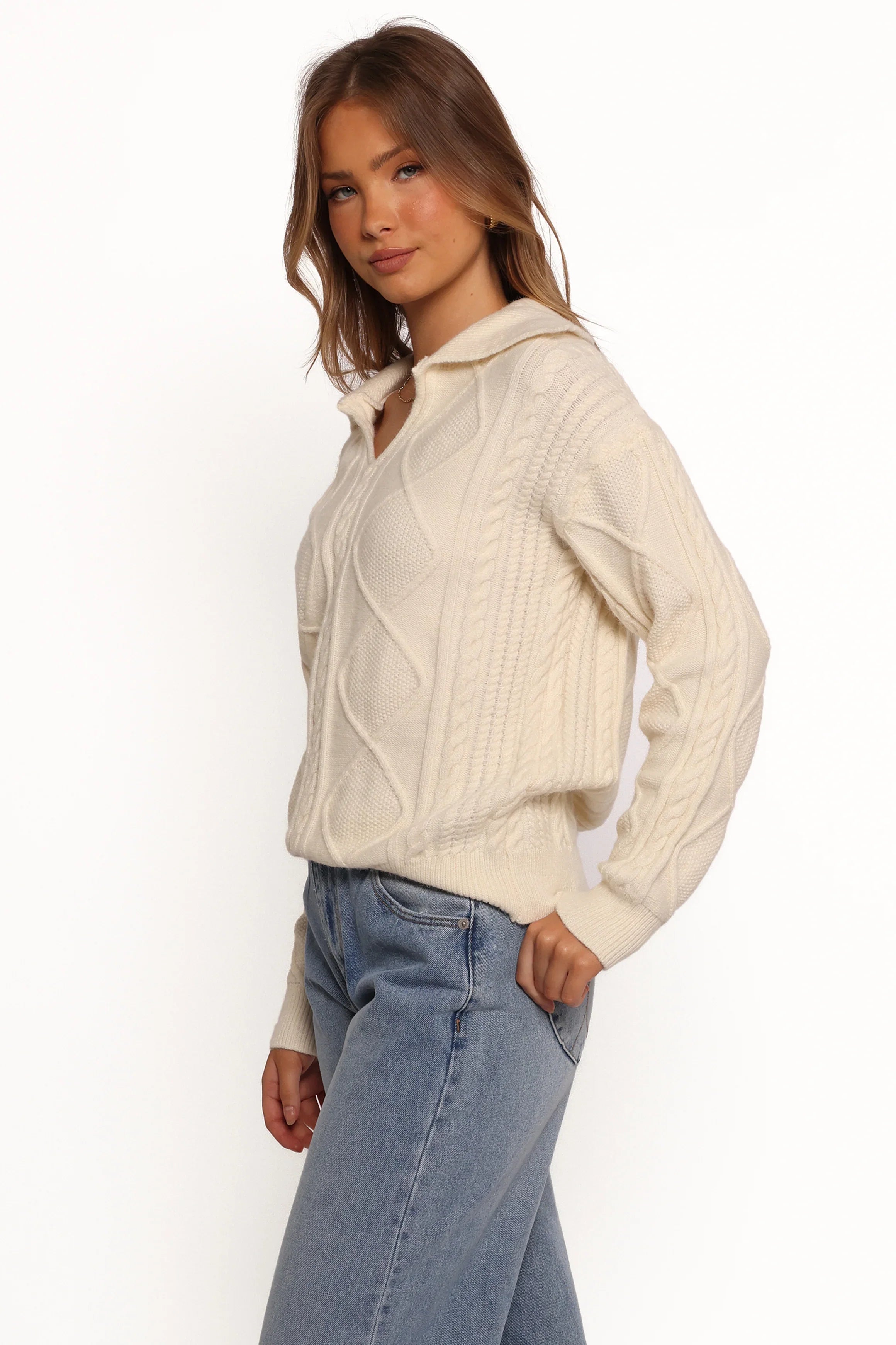 Robbie Collar Neck Cable Knit Sweater Cream