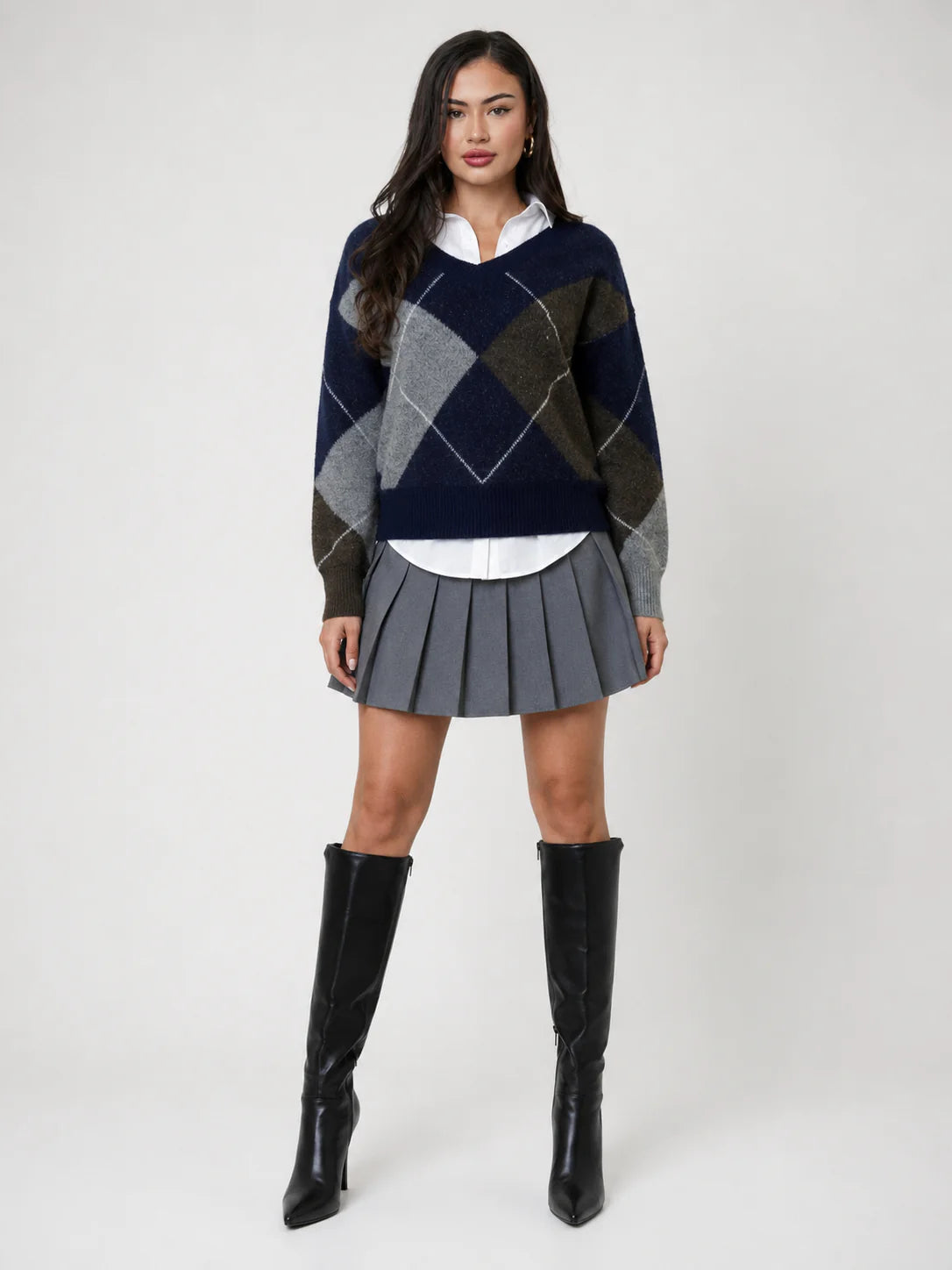 Noxley Argyle V Neck Long Sleeve Sweater Navy