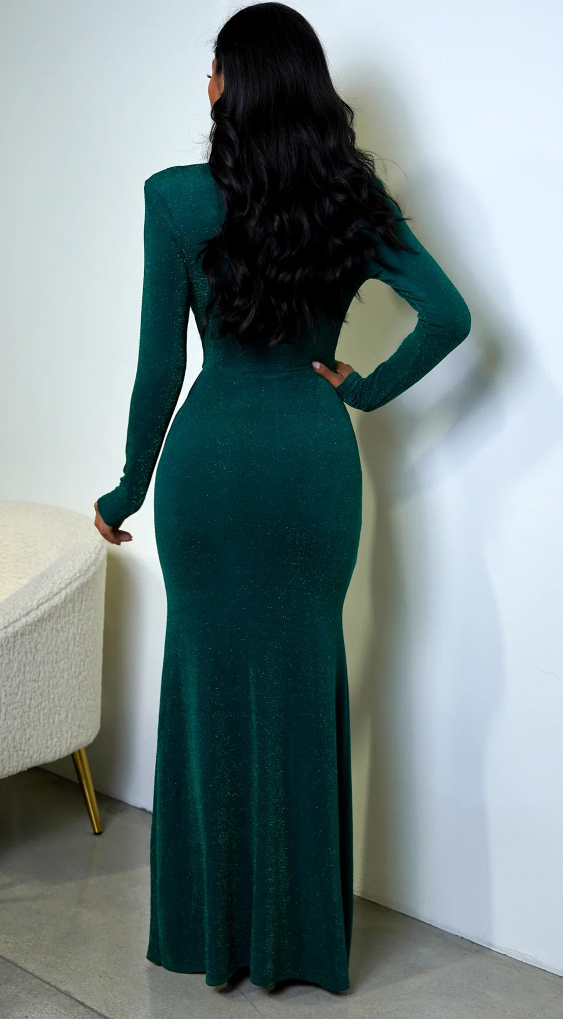 Leilani Metallic Ruched Deep V Maxi Dress Green