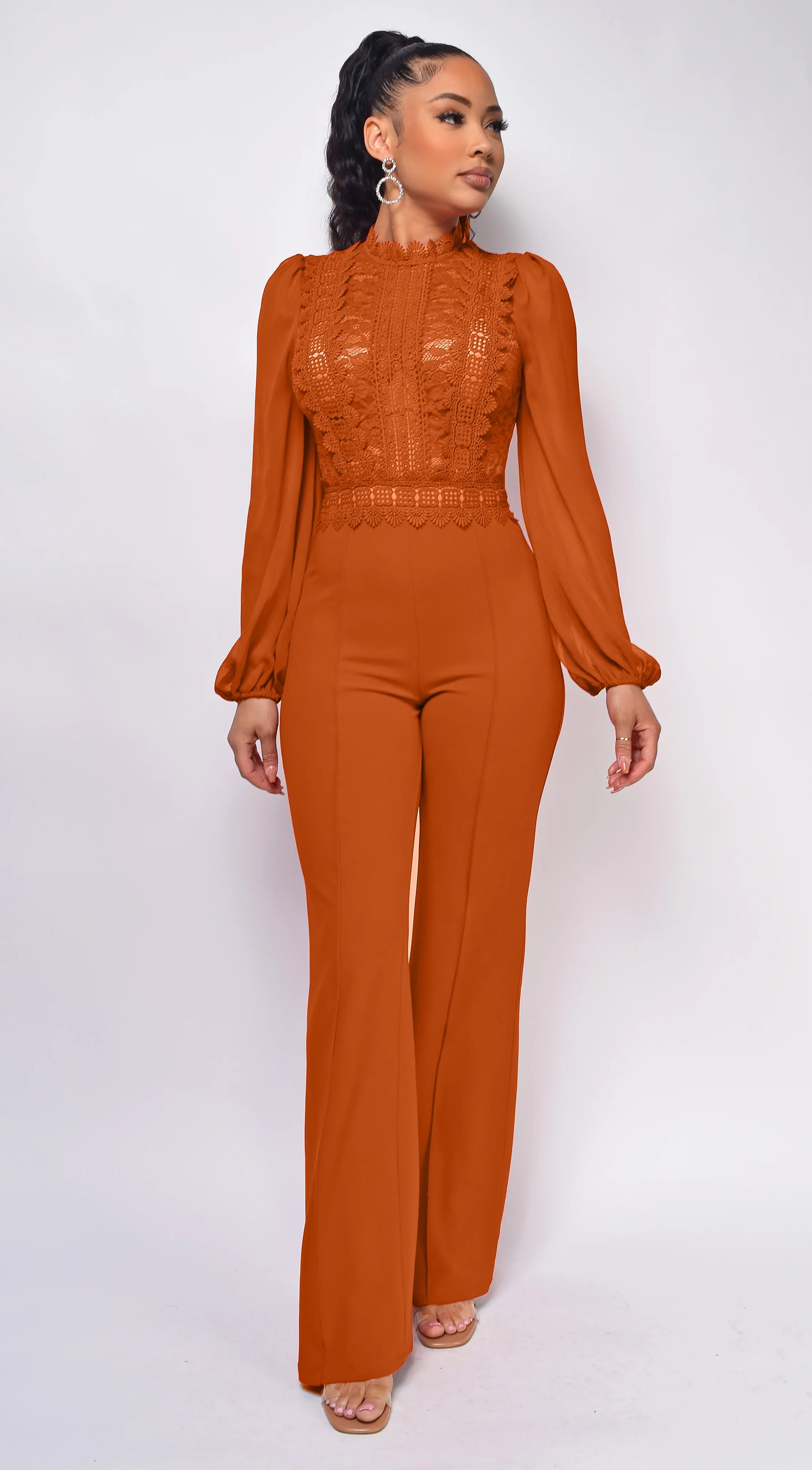 Nerine Crochet Lace Mesh Jumpsuit Cognac Brown