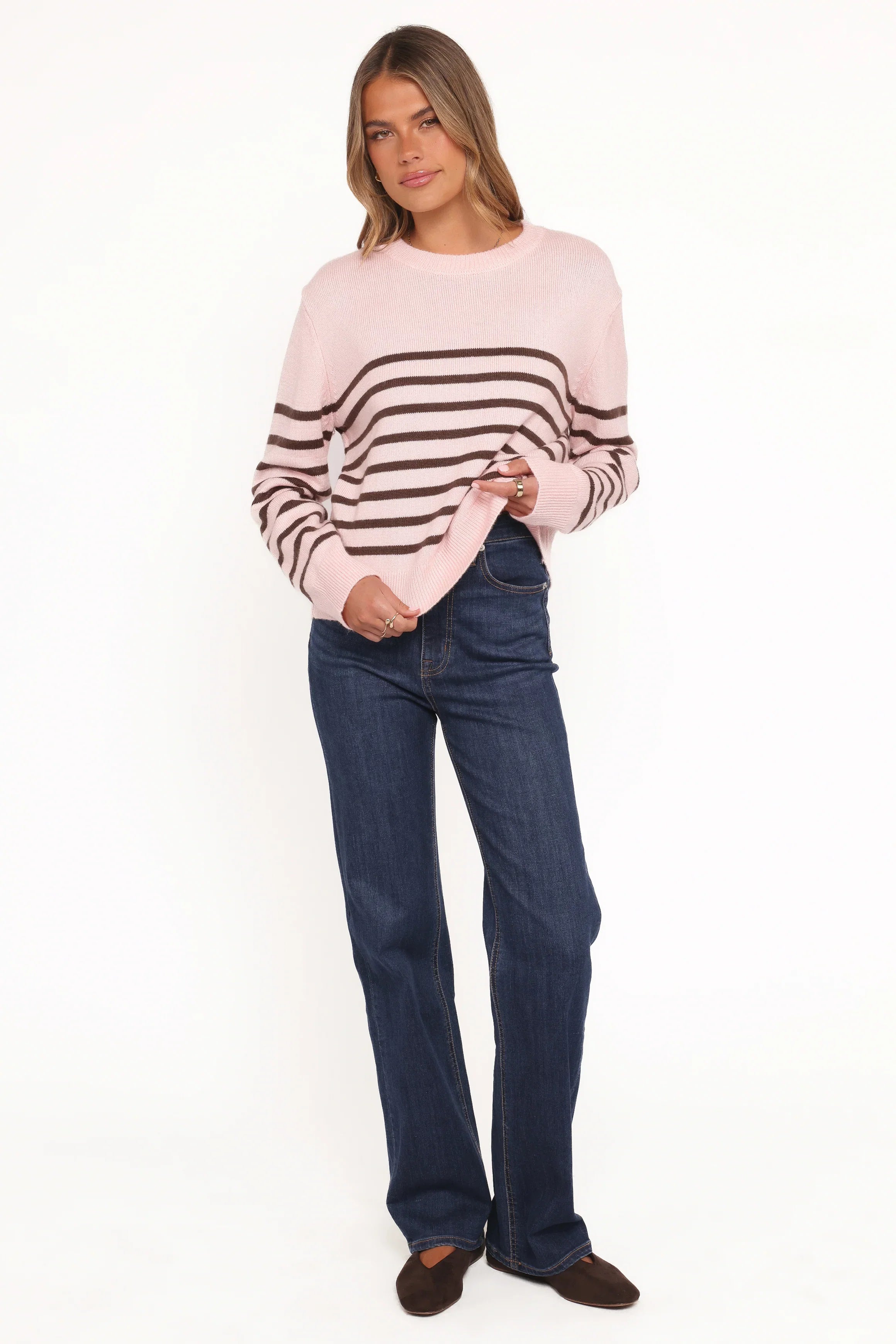 Eleanora Striped Knit Pullover Sweater Pink