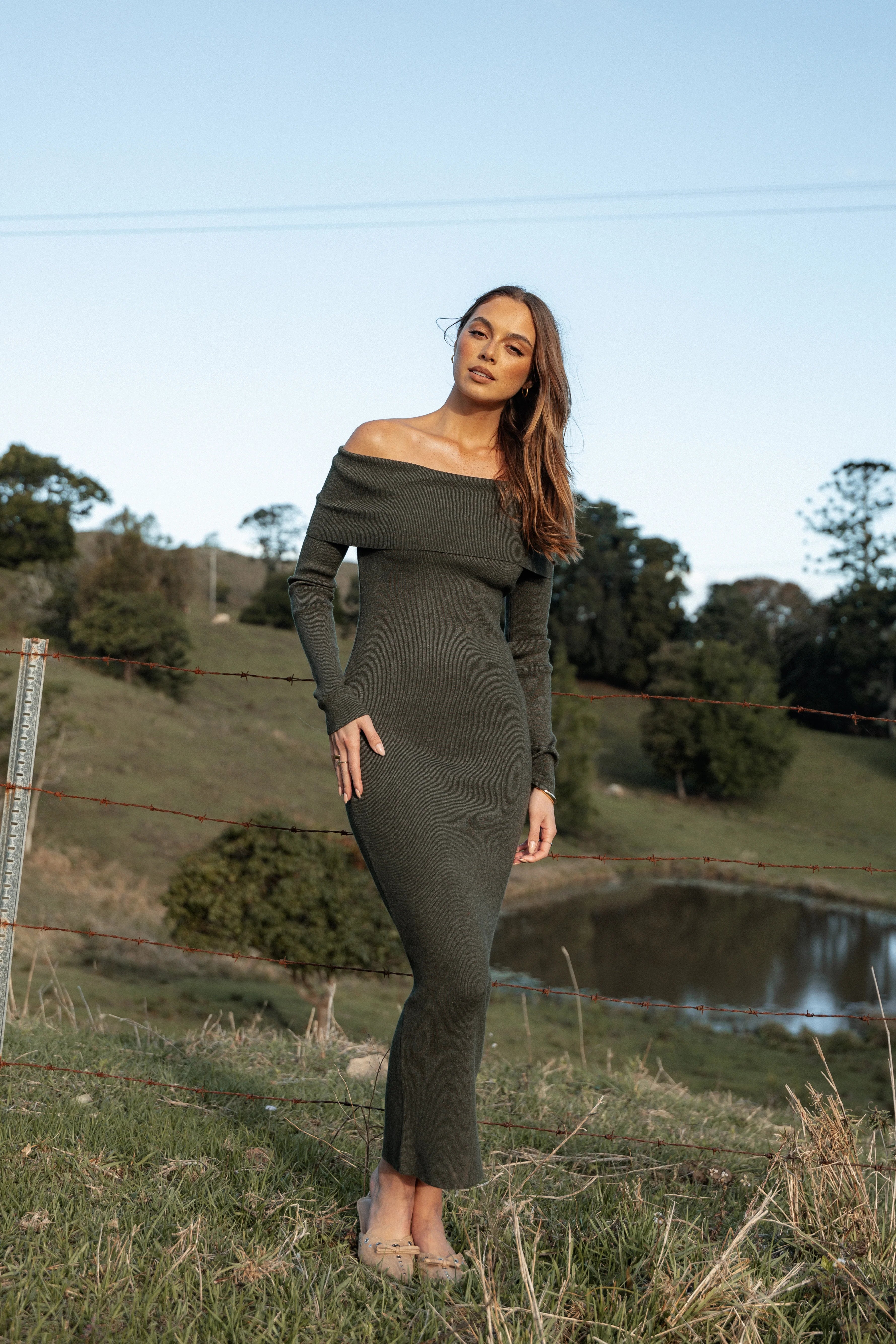Archie Off The Shoulder Midi Dress Olive