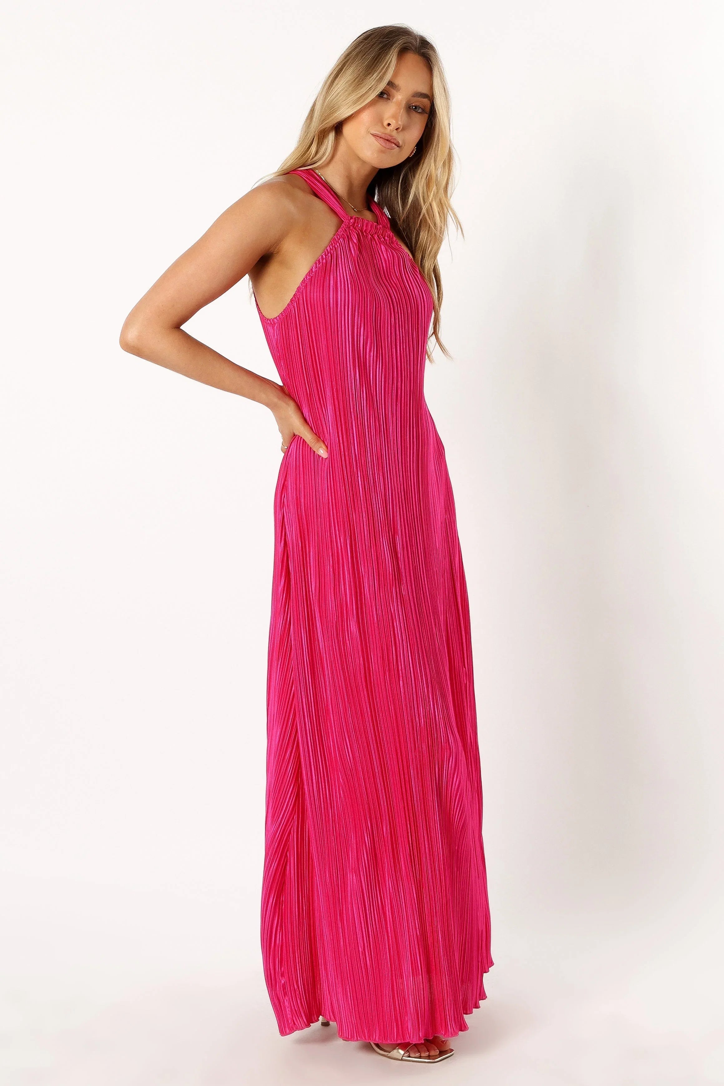 Melody Plisse Halter Maxi Dress Pink
