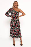 Pontee One Shoulder Pleated Midi Dress Black Rose Print