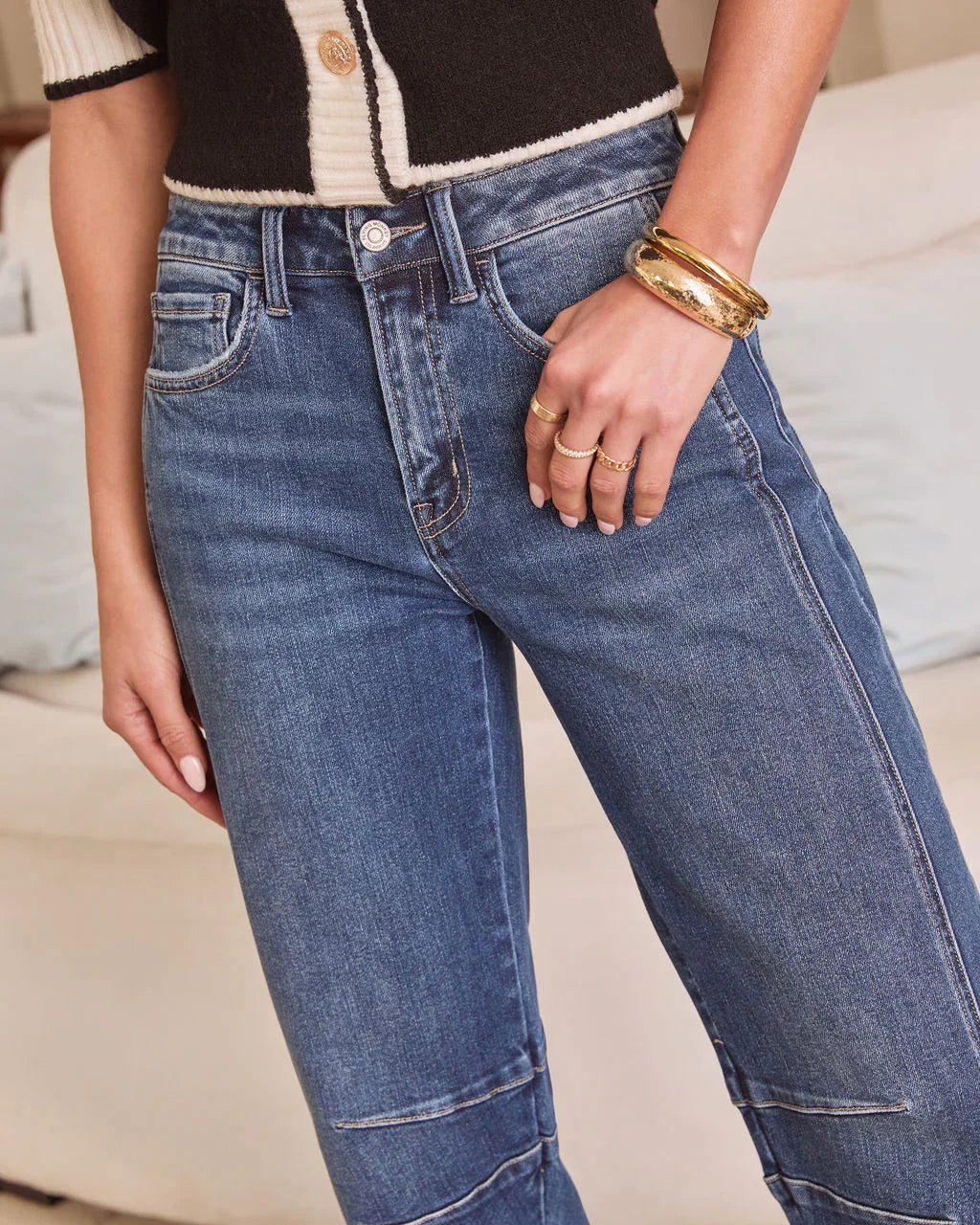 Ollie Stretch High Rise Barrel Pintuck Jeans