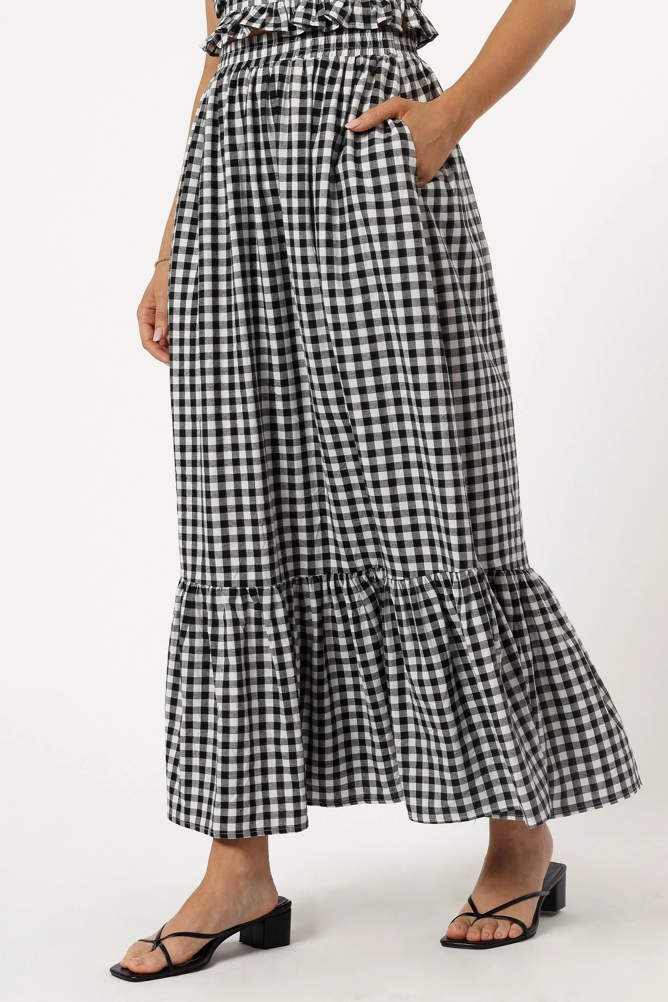 Bambi Tiered Midi Skirt Black Gingham