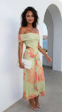 Petaluxe Off Shoulder Floral Print Maxi Dress Light Green Multi