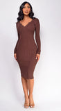 Aura Button Ribbed Midi Dress Brown