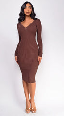 Aura Button Ribbed Midi Dress Brown