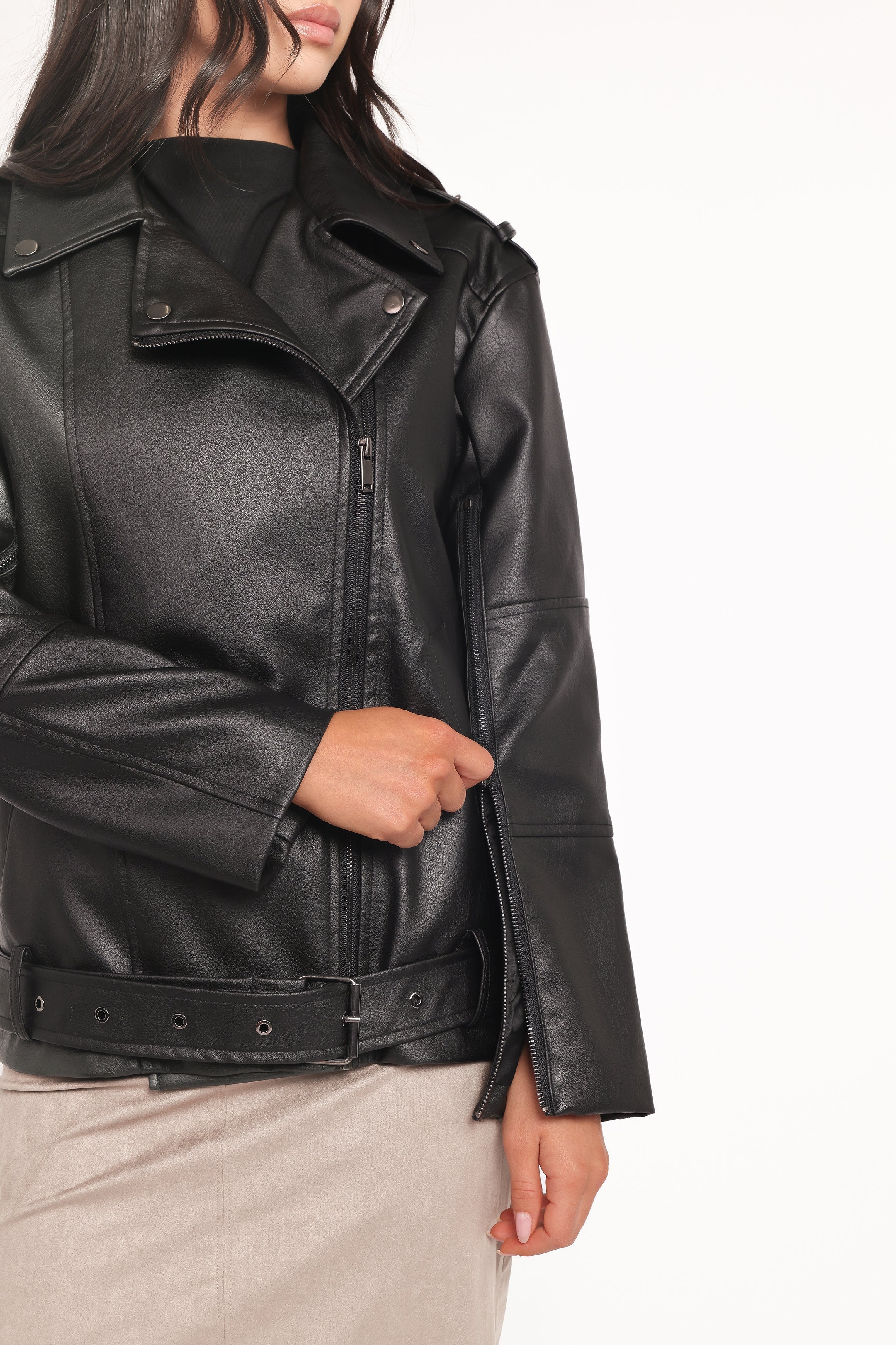 Parsons Oversized Faux Leather Moto Jacket Black