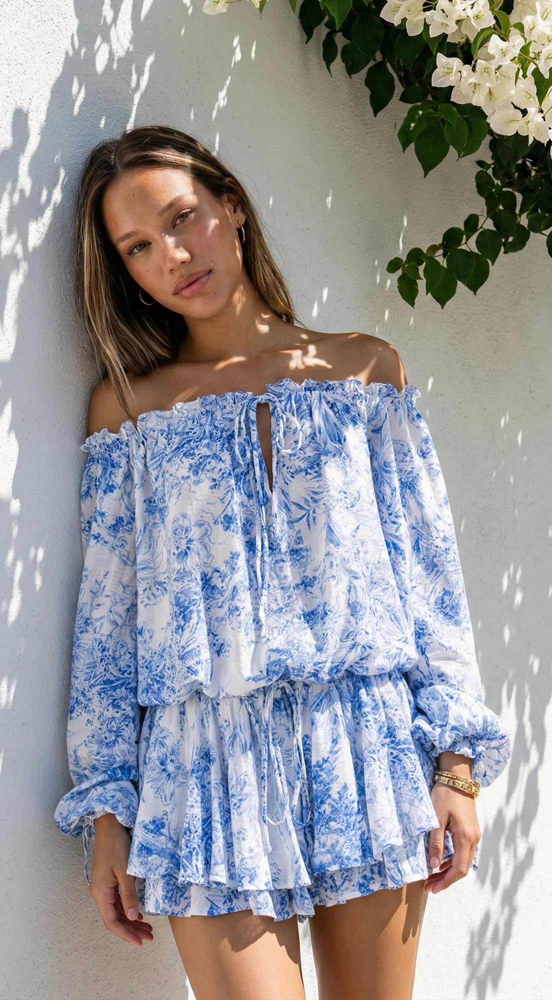 Bahama Floral Off Shoulder Ruffle Mini Dress Blue