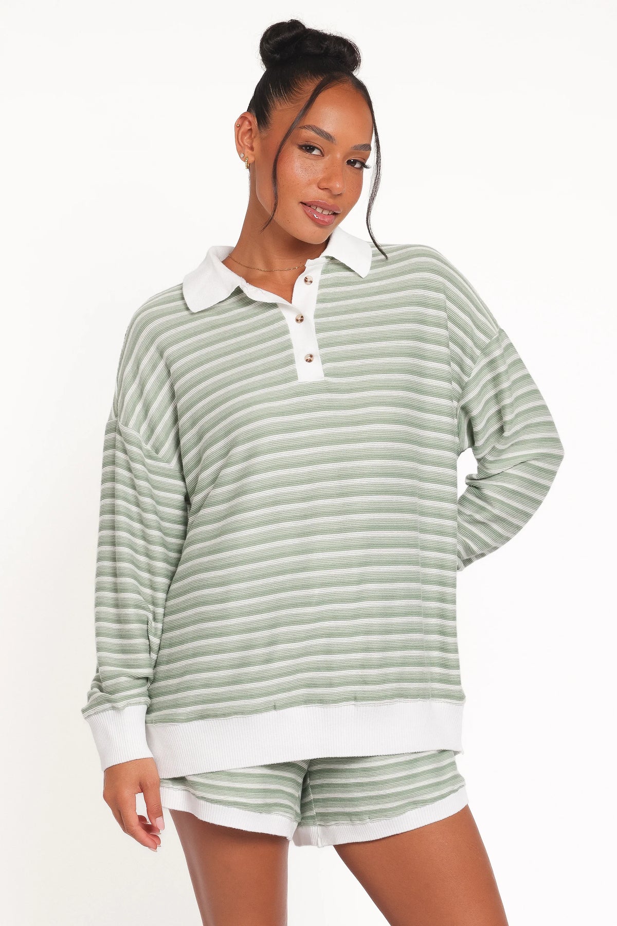 Dealia Knit Short Set Sage Stripe