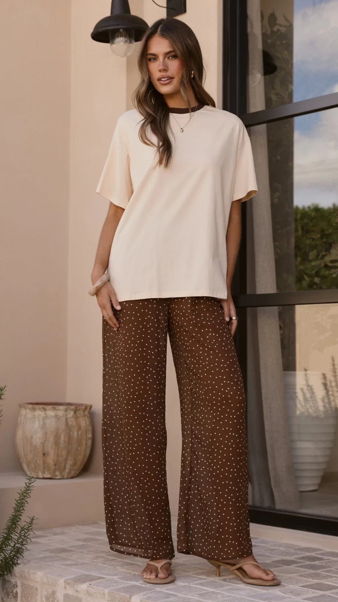 Zavier Oversized T Shirt and Polka Dot Pants Set Beige Chocolate