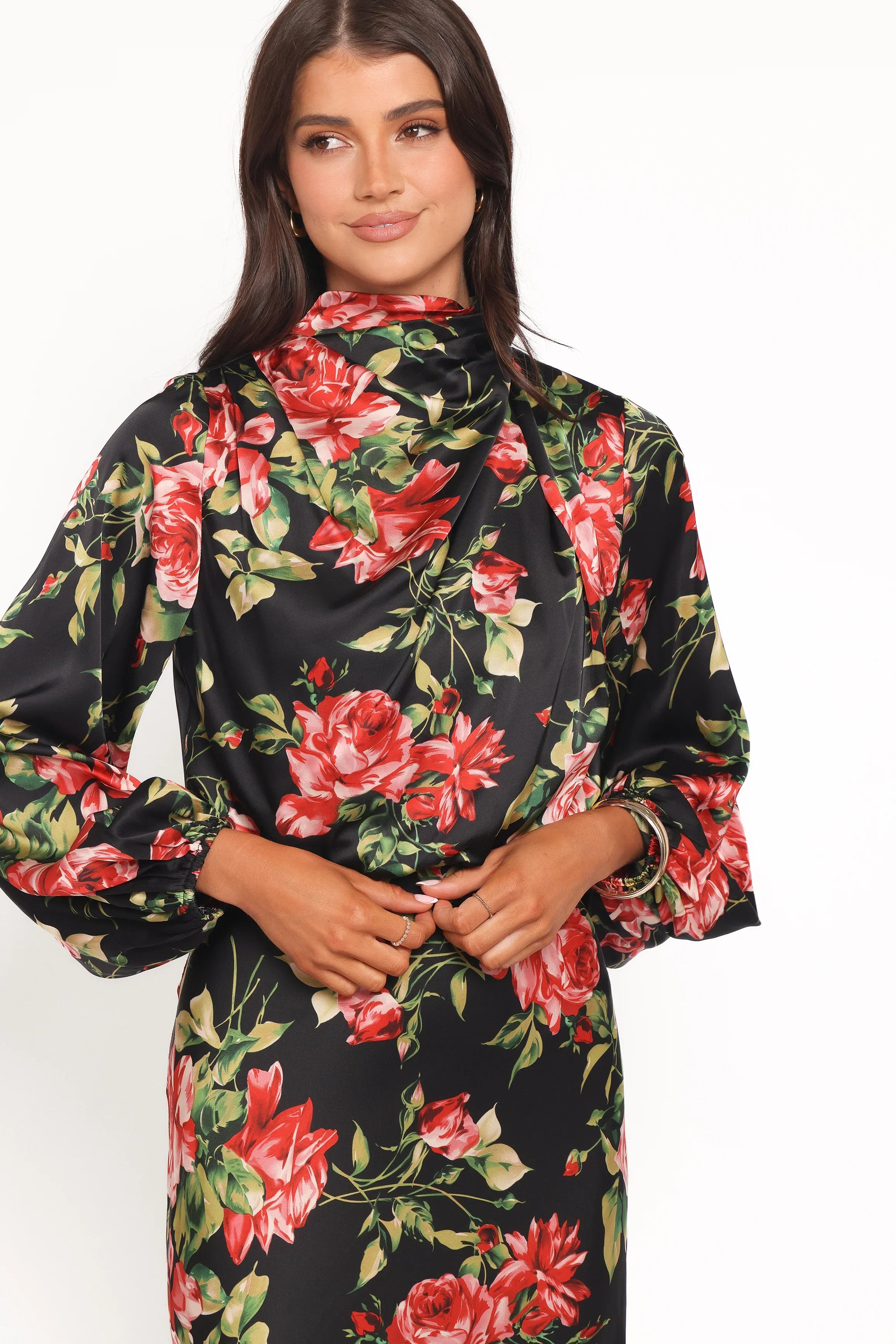 Perrie Long Sleeve Midi Dress Black Floral