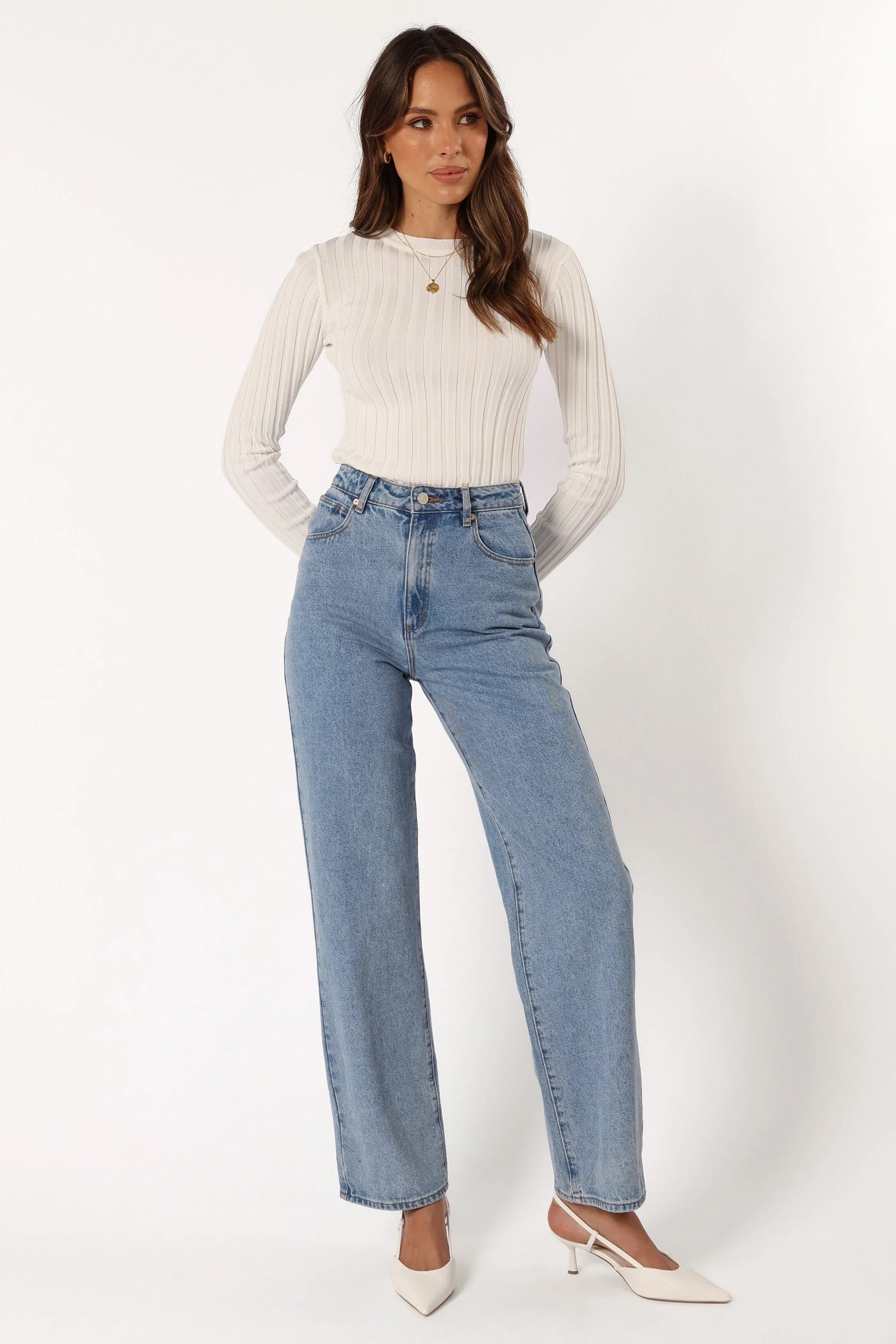 Aneesa Wide Rib Knit Top White