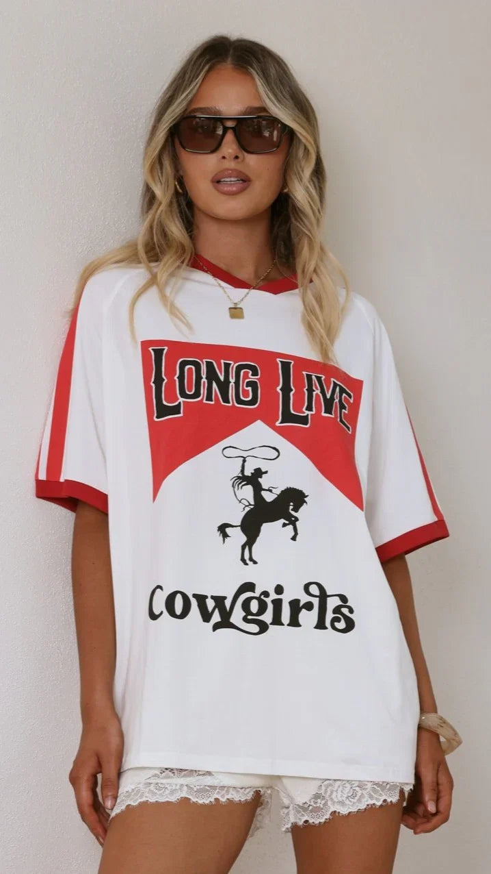 Long Live Cowgirls Oversized Tee White Red