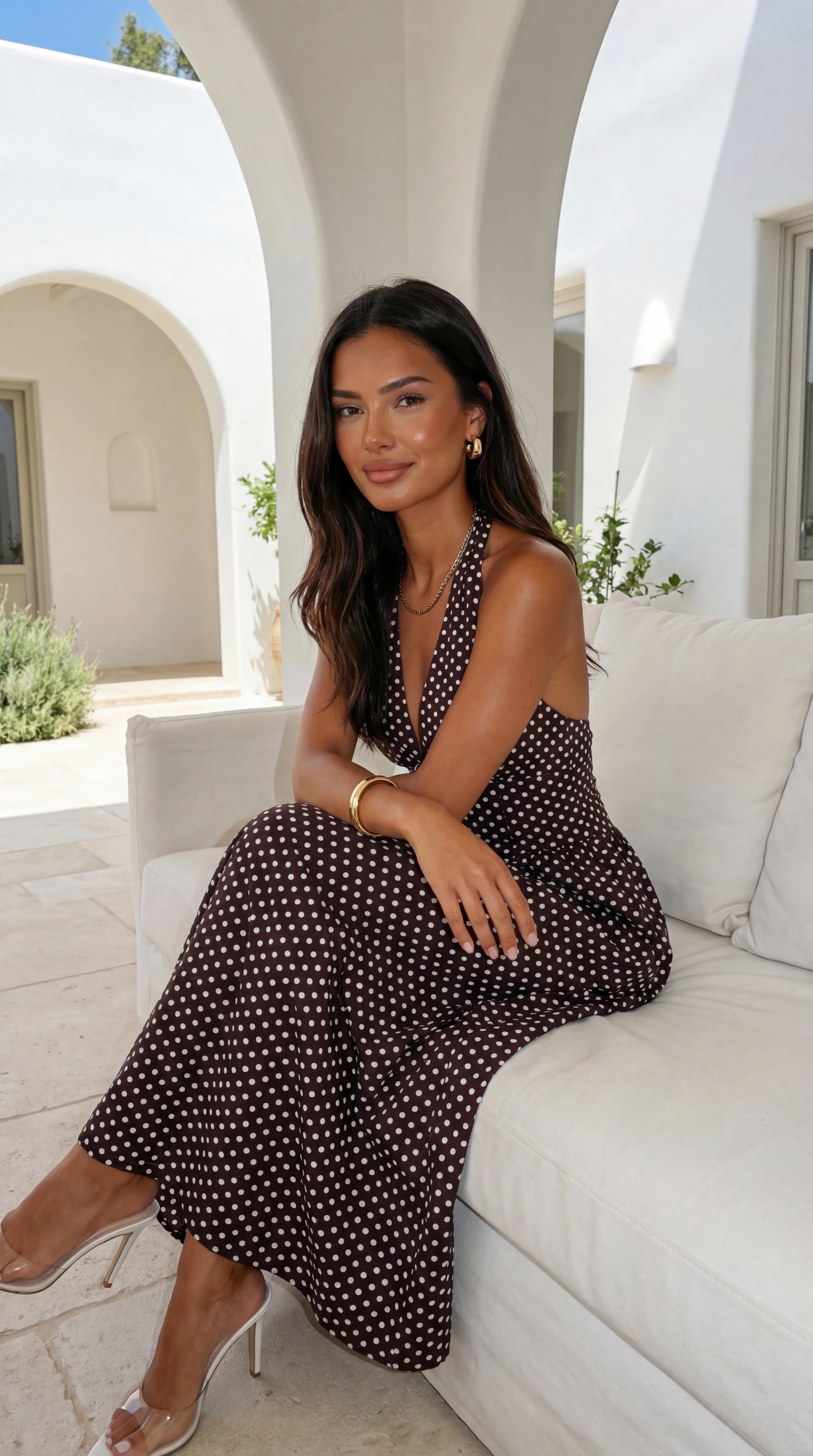 Calypra Polka Dot Halter Maxi Dress Brown